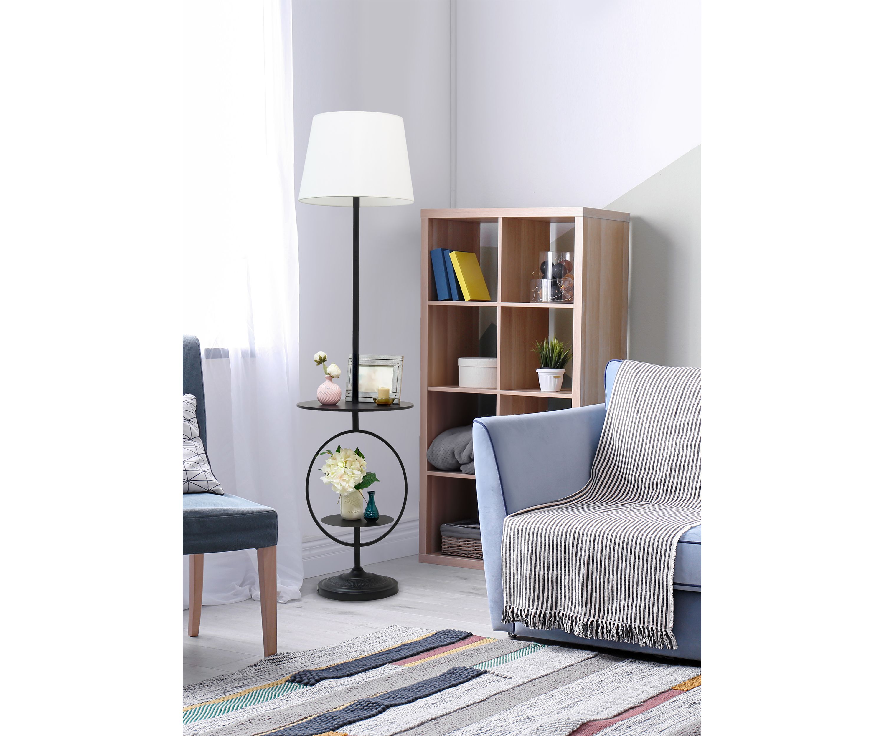 Bedside End Table Dual Shelf Decorative Floor Lamp, Black