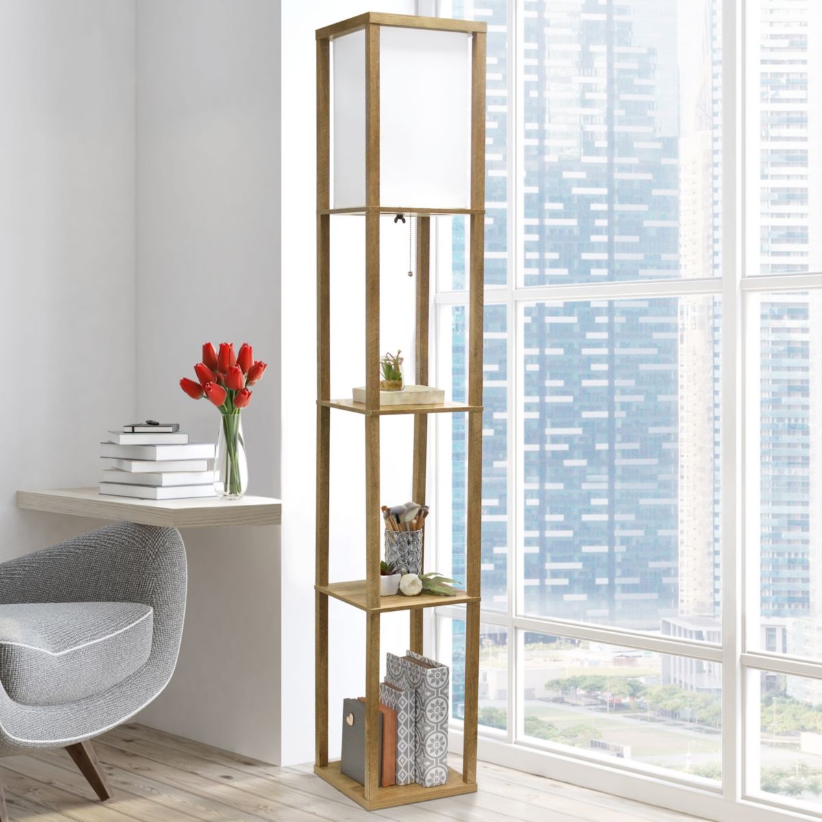 62.5" Modern 3 Tier Standing Floor Lamp Etagere Organizer Storage Shelf with Linen Shade