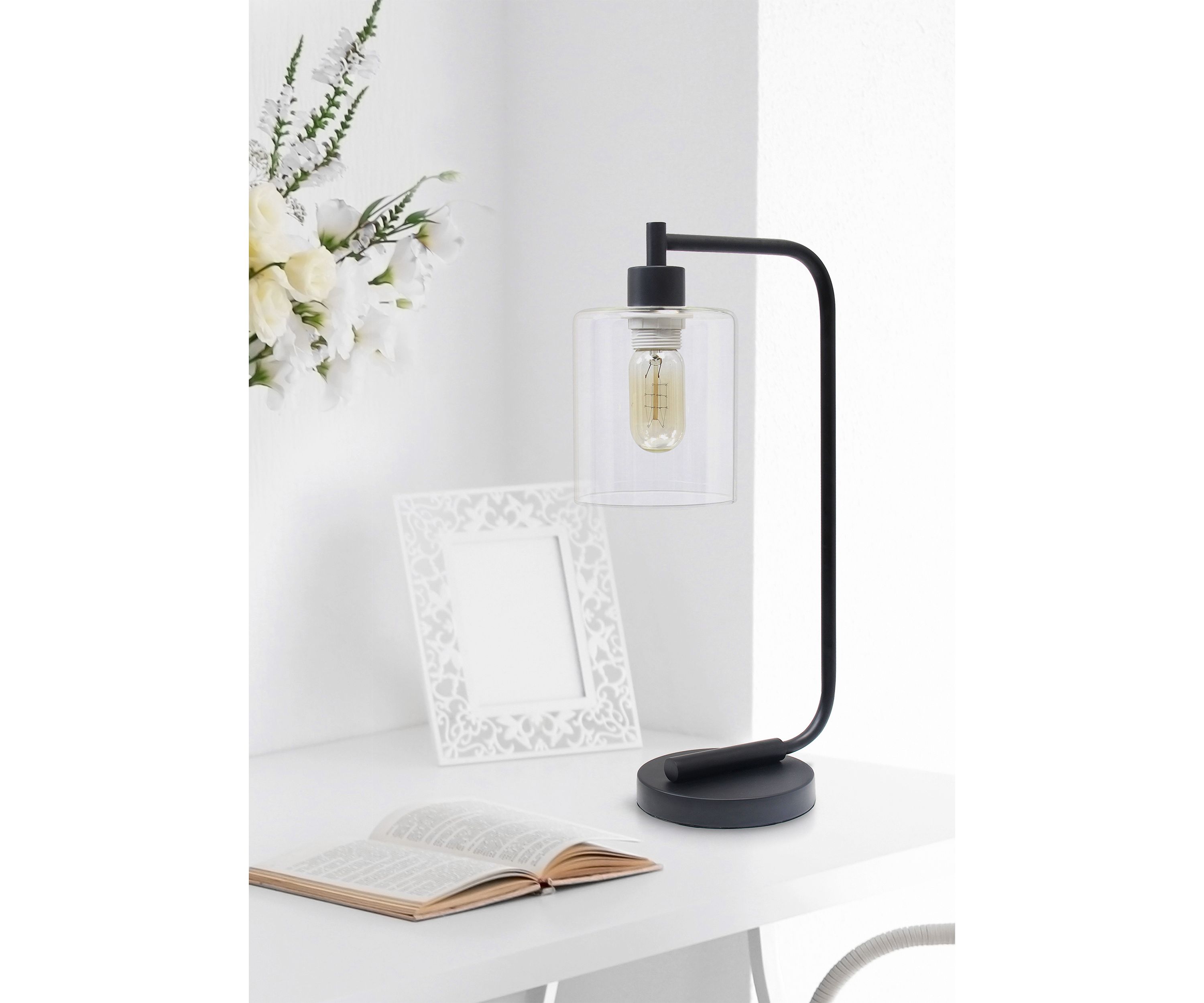 Modern Iron Desk Lamp with Glass Shade, Black