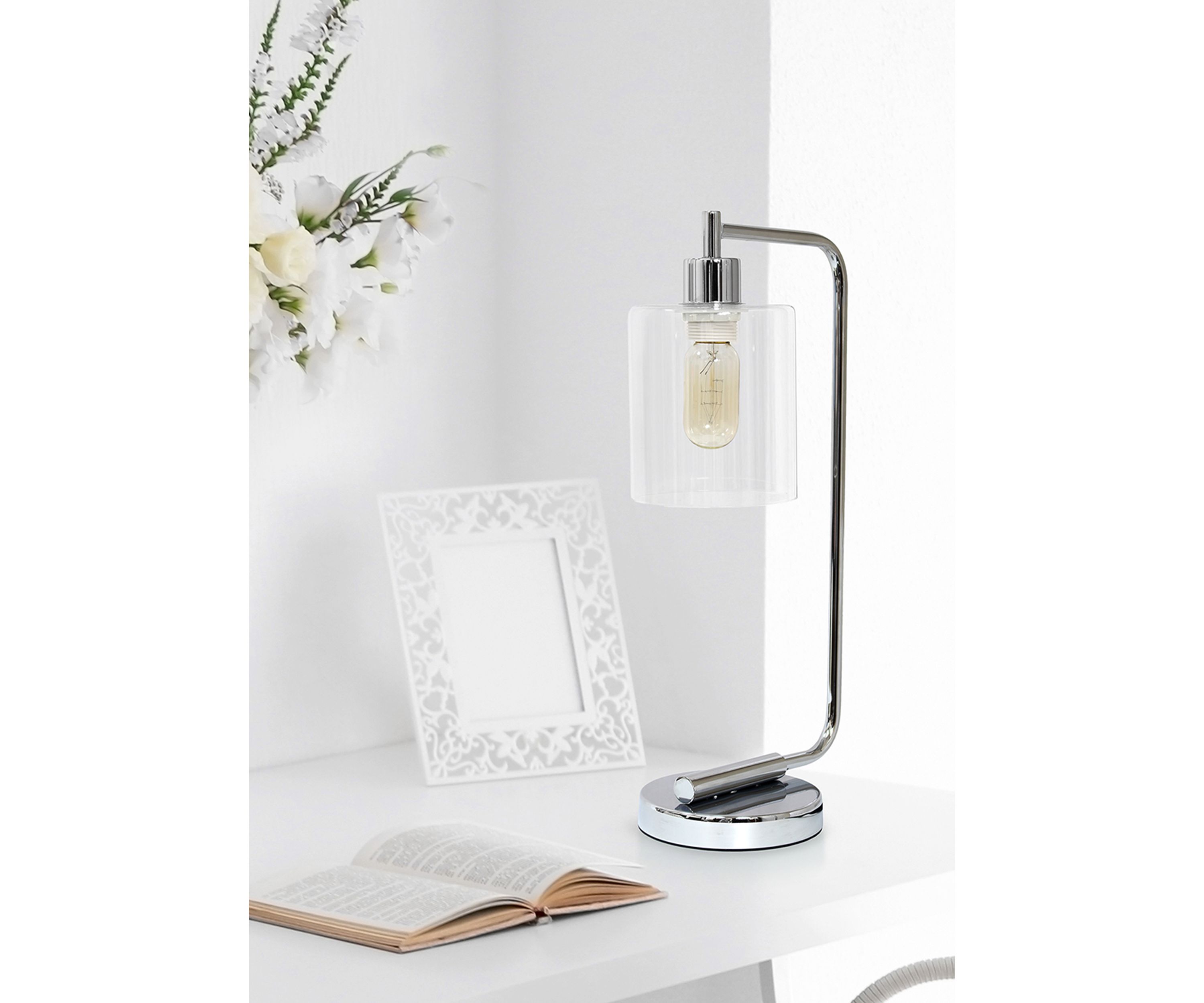 Modern Iron Desk Lamp with Glass Shade, Chrome