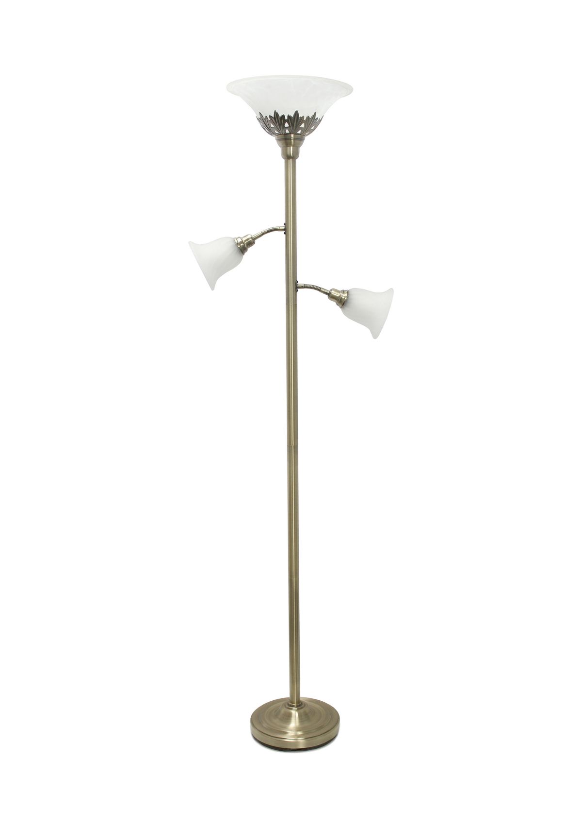 Torchiere Floor Lamp with 2 Reading Lights and Scalloped Glass Shades, Antique Brass