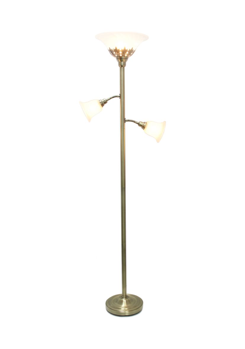 Torchiere Floor Lamp with 2 Reading Lights and Scalloped Glass Shades, Antique Brass