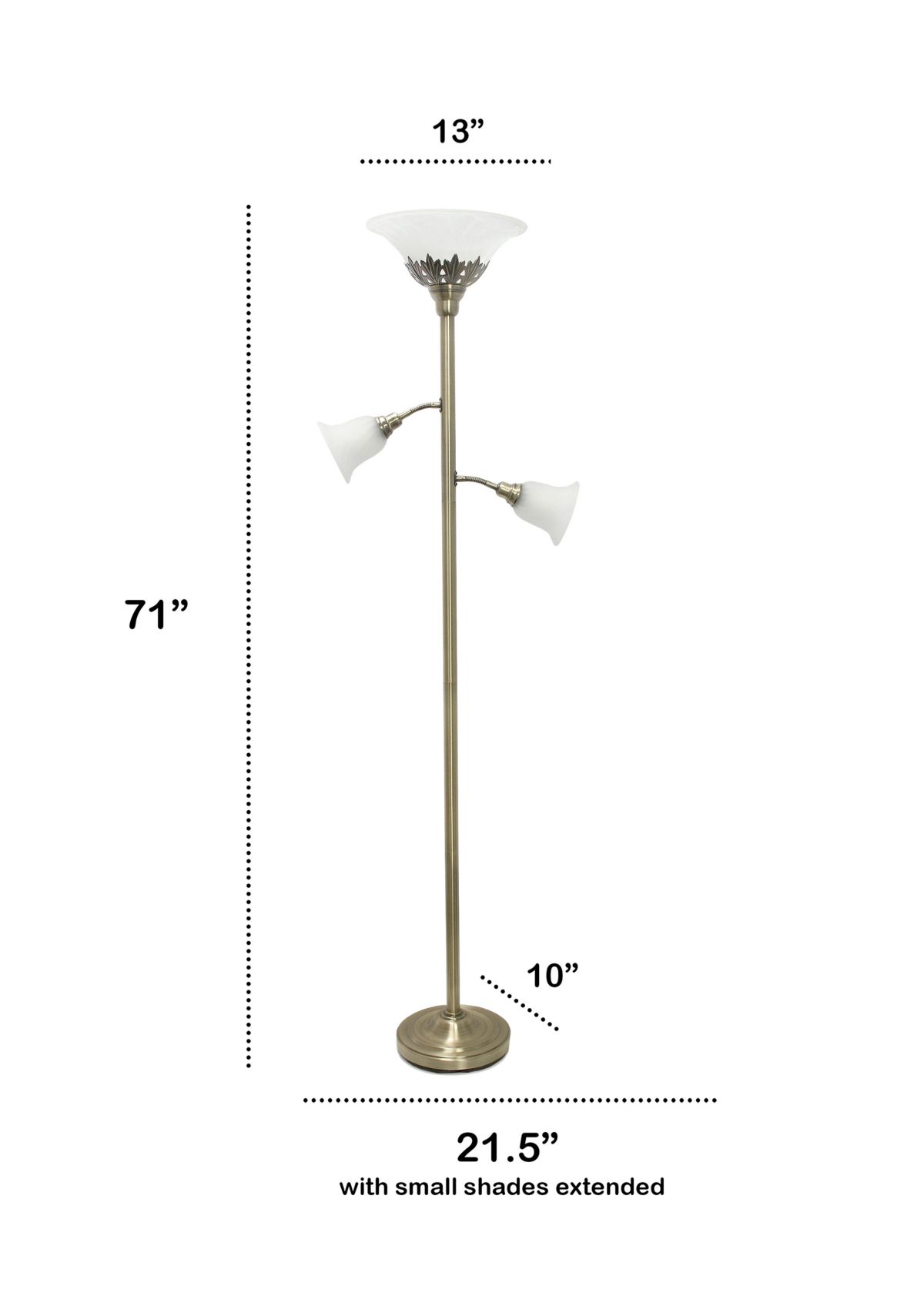 Torchiere Floor Lamp with 2 Reading Lights and Scalloped Glass Shades, Antique Brass