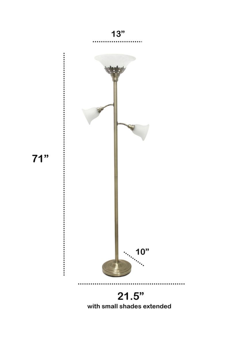 Torchiere Floor Lamp with 2 Reading Lights and Scalloped Glass Shades, Antique Brass