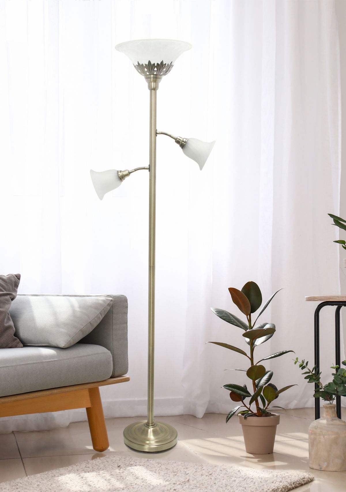 Torchiere Floor Lamp with 2 Reading Lights and Scalloped Glass Shades, Antique Brass