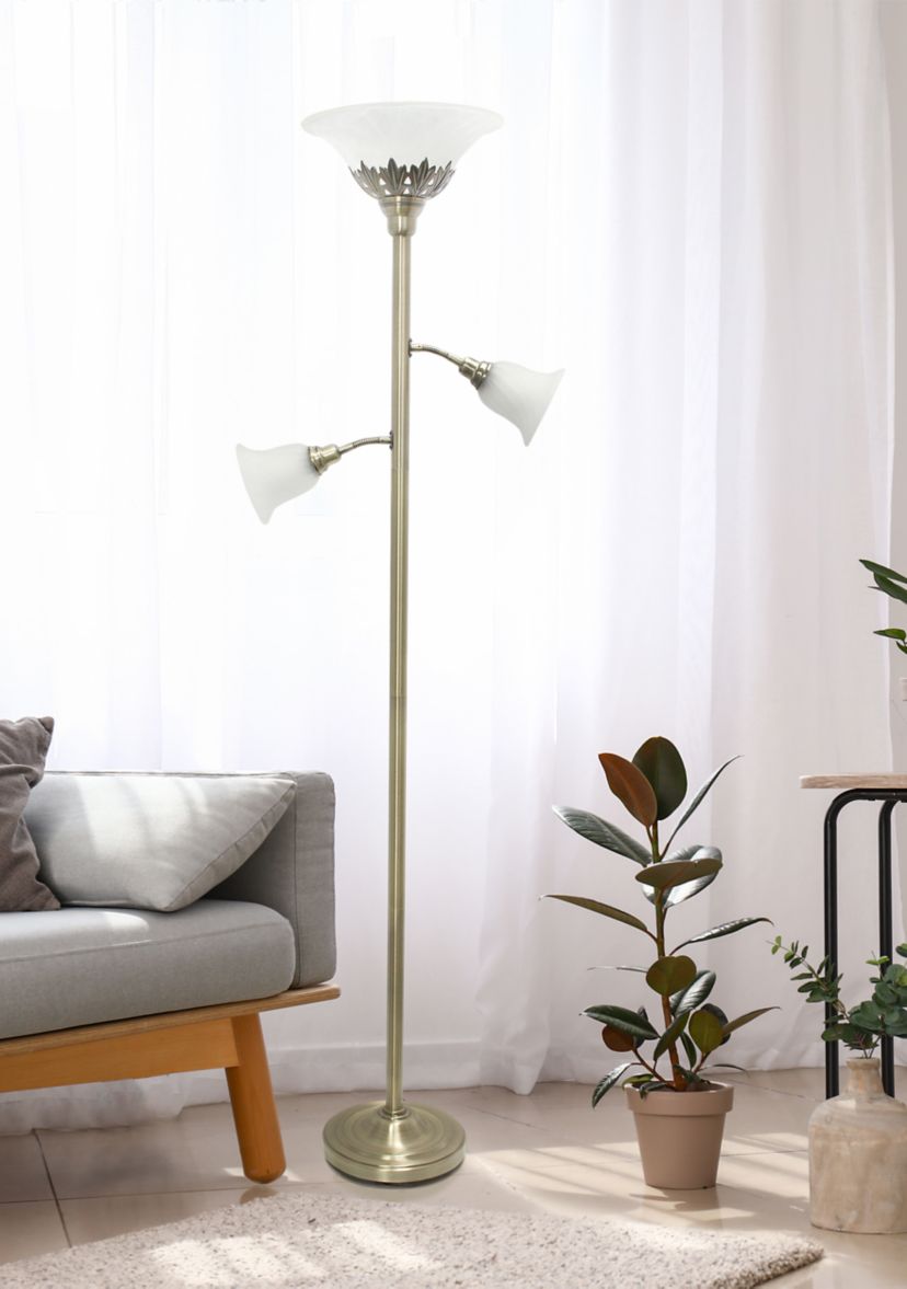 Torchiere Floor Lamp with 2 Reading Lights and Scalloped Glass Shades, Antique Brass