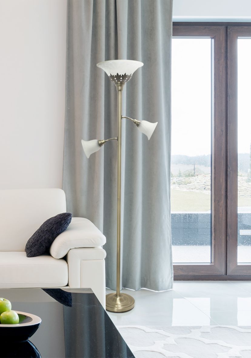 Torchiere Floor Lamp with 2 Reading Lights and Scalloped Glass Shades, Antique Brass