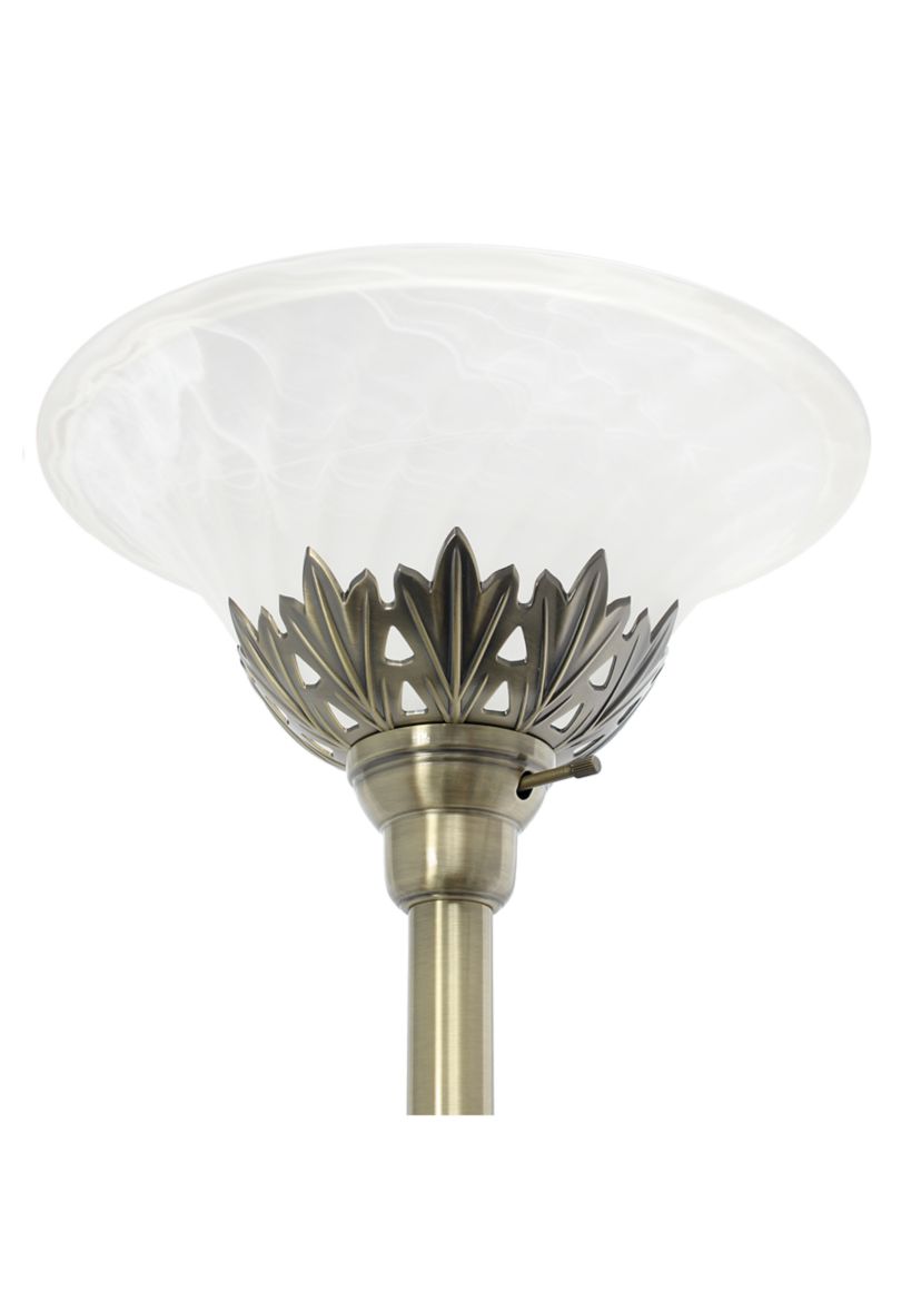 Torchiere Floor Lamp with 2 Reading Lights and Scalloped Glass Shades, Antique Brass