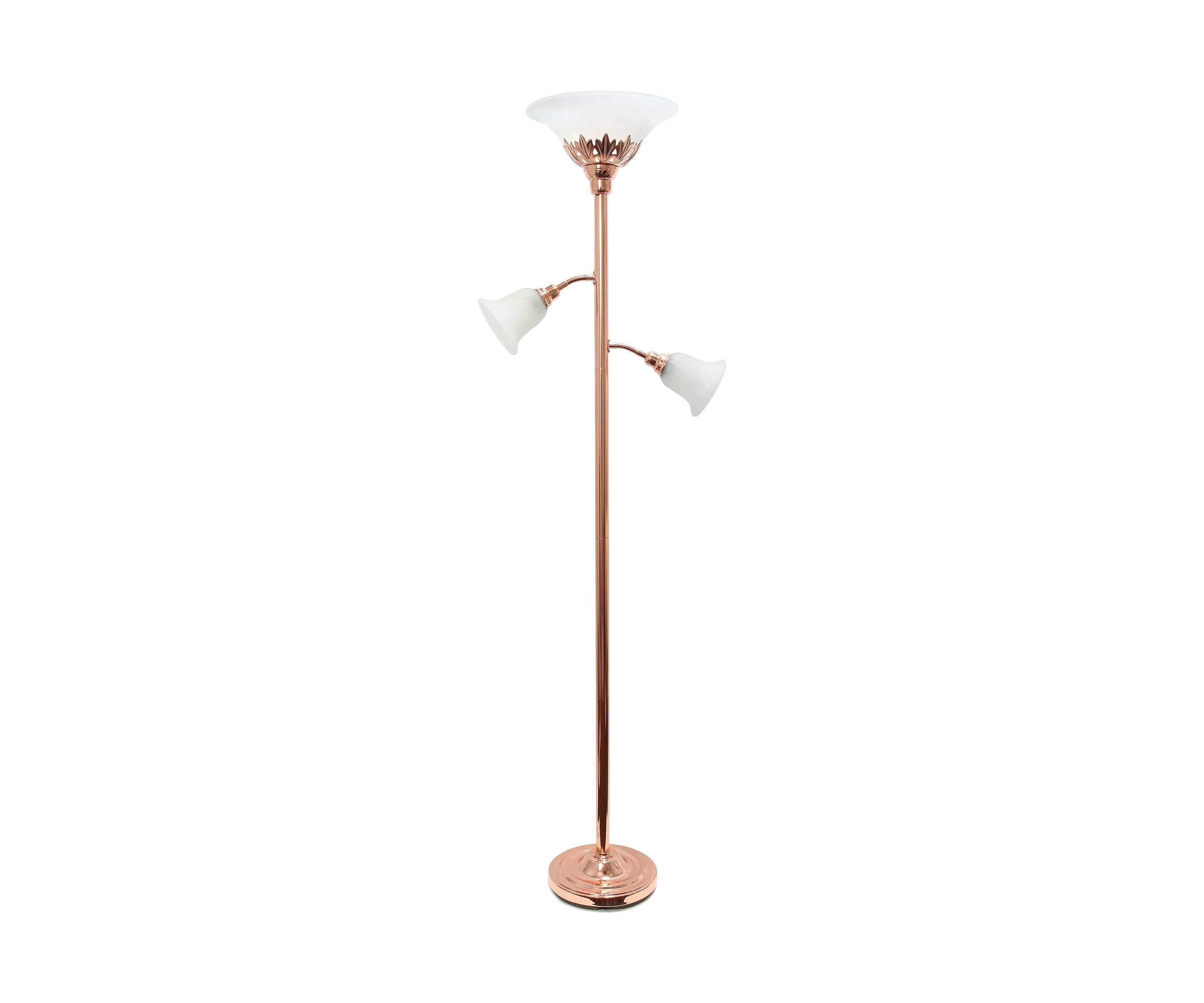 Torchiere Floor Lamp with 2 Reading Lights and Scalloped Glass Shades, Rose Gold