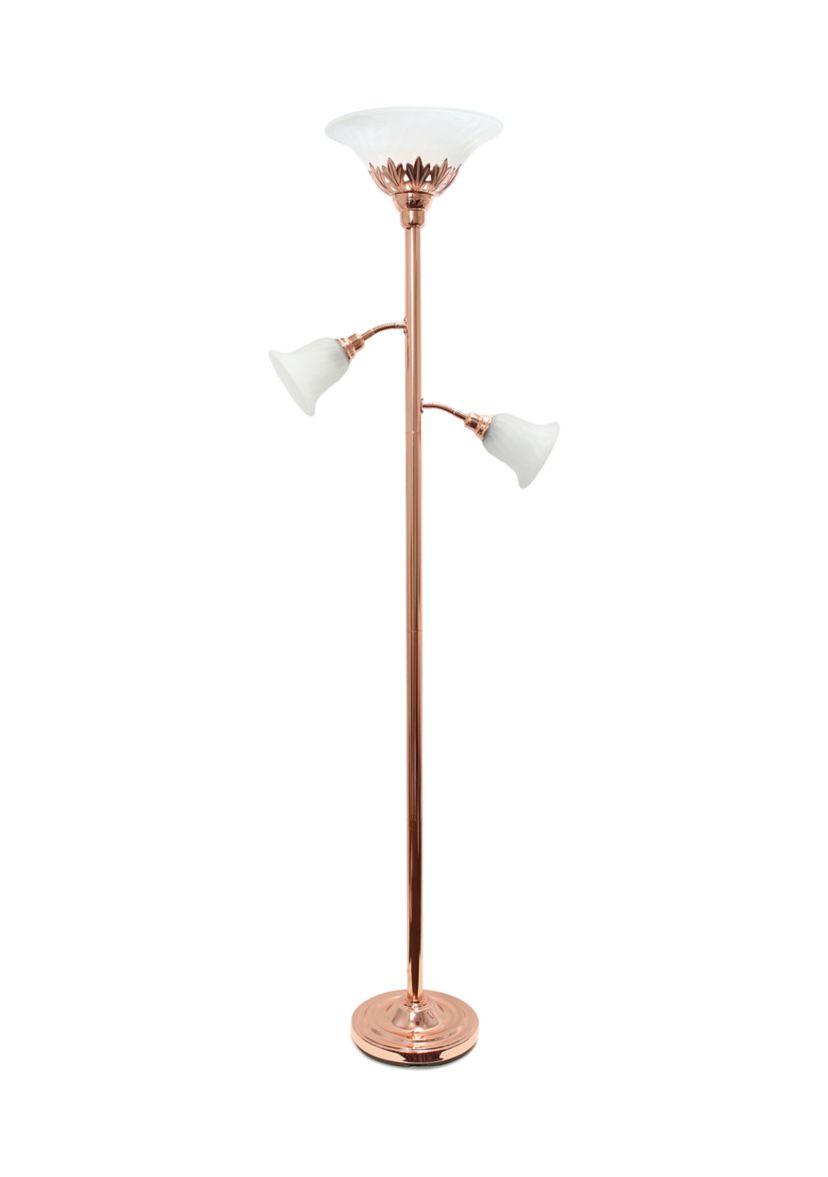 Torchiere Floor Lamp with 2 Reading Lights and Scalloped Glass Shades, Rose Gold
