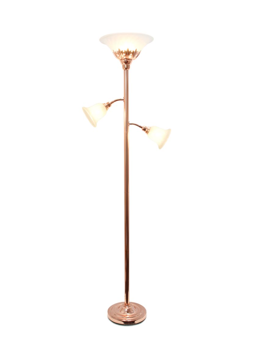 Torchiere Floor Lamp with 2 Reading Lights and Scalloped Glass Shades, Rose Gold
