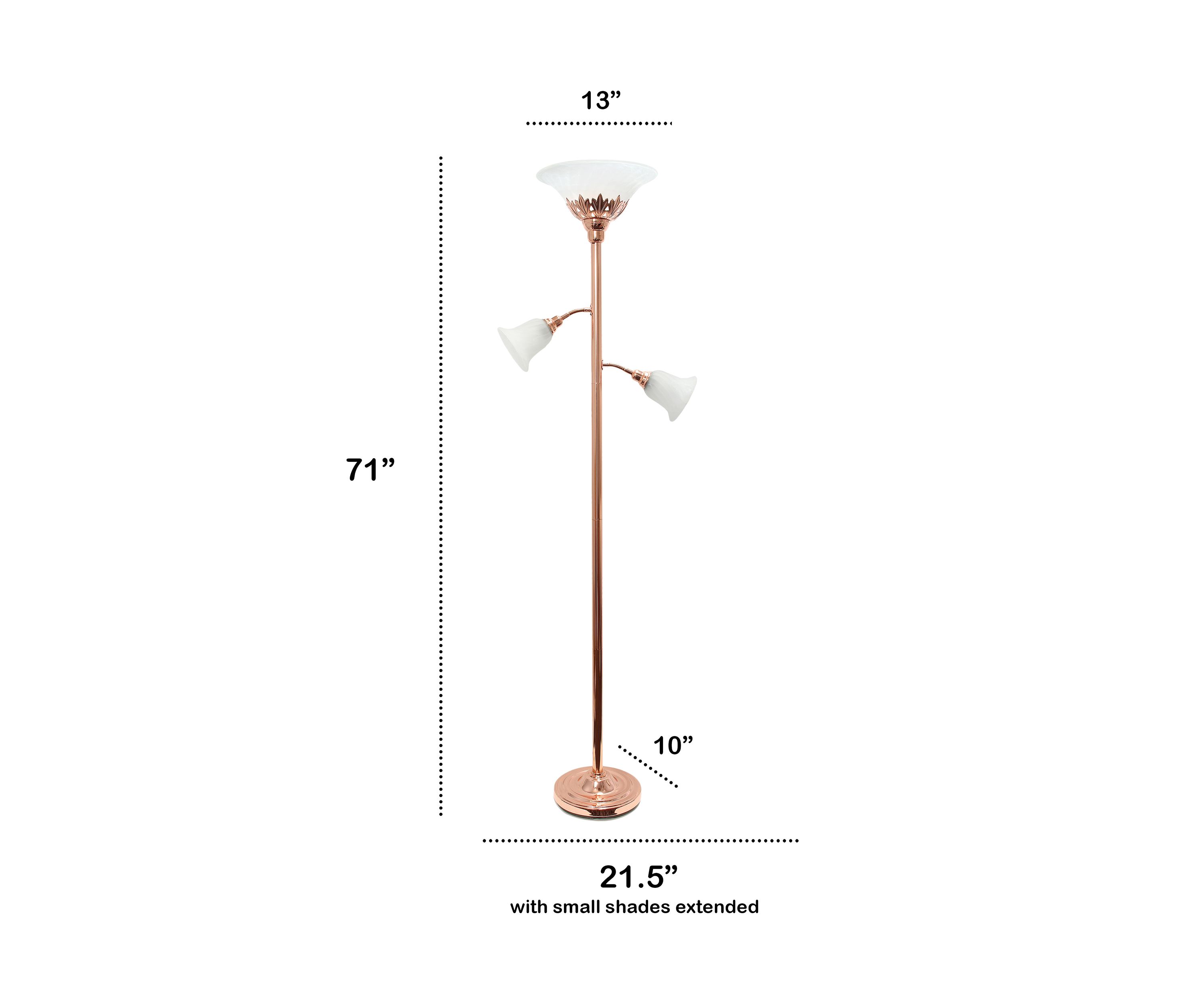 Torchiere Floor Lamp with 2 Reading Lights and Scalloped Glass Shades, Rose Gold