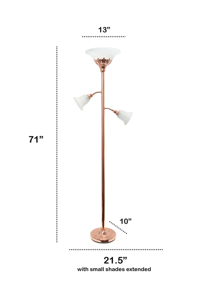Torchiere Floor Lamp with 2 Reading Lights and Scalloped Glass Shades, Rose Gold