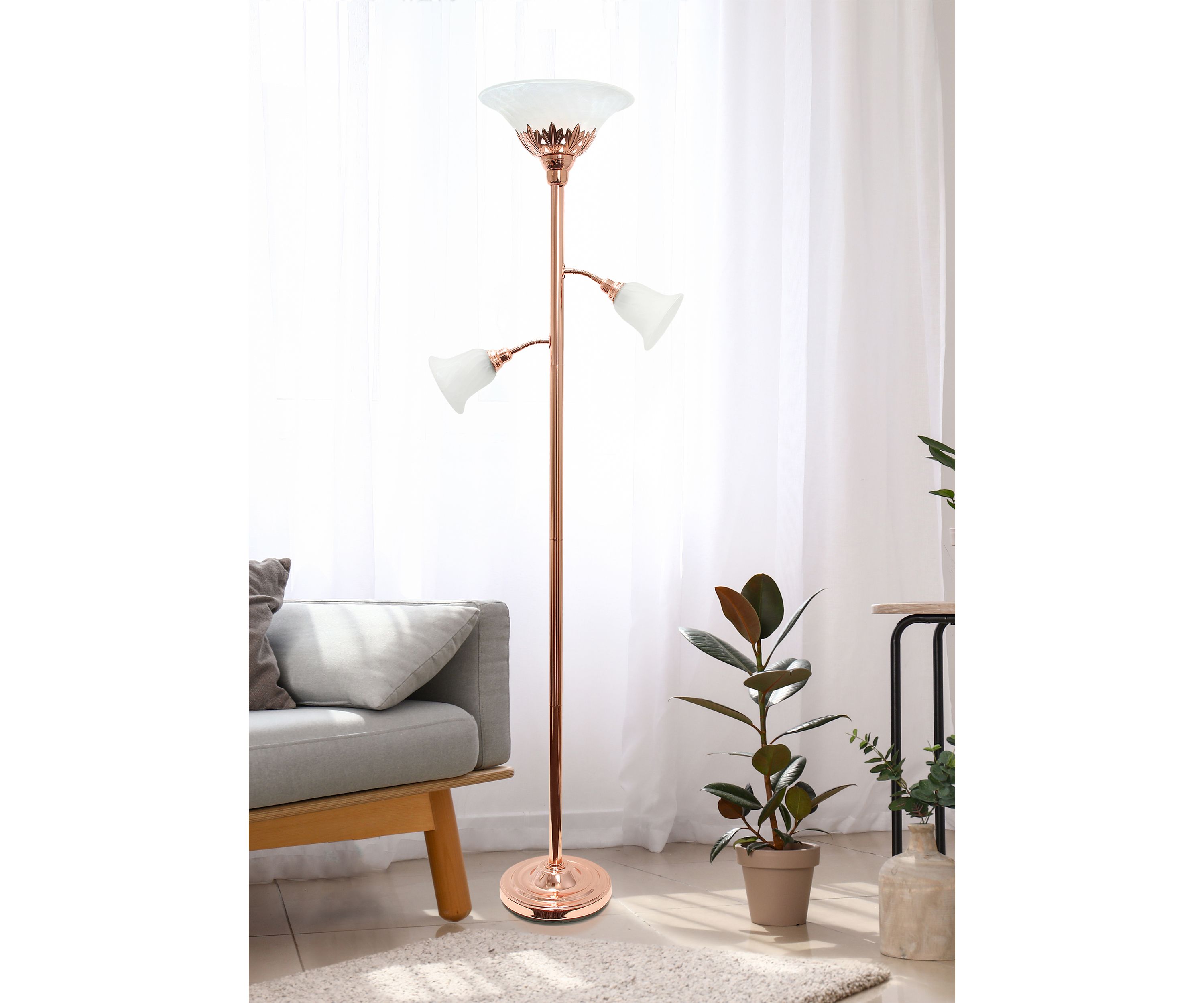 Torchiere Floor Lamp with 2 Reading Lights and Scalloped Glass Shades, Rose Gold