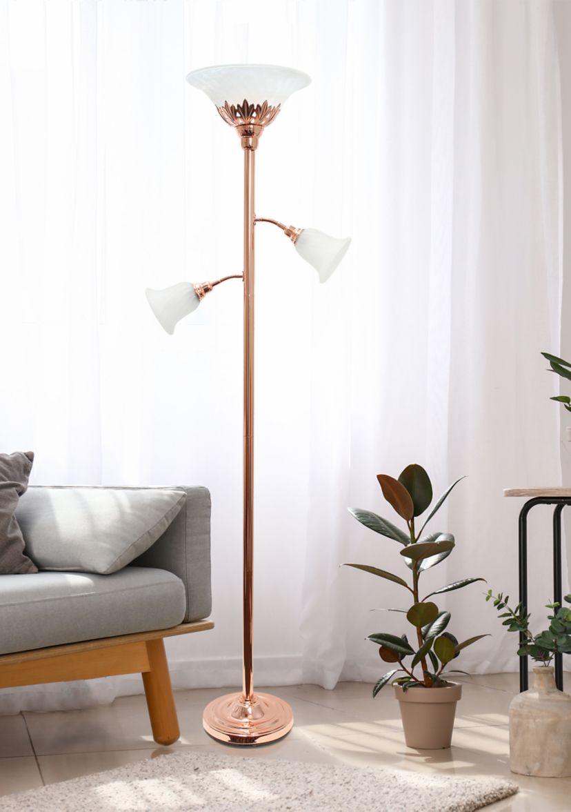 Torchiere Floor Lamp with 2 Reading Lights and Scalloped Glass Shades, Rose Gold