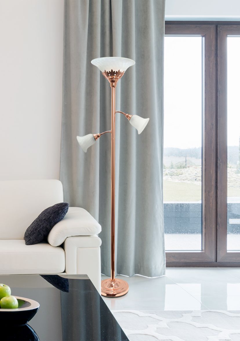 Torchiere Floor Lamp with 2 Reading Lights and Scalloped Glass Shades, Rose Gold