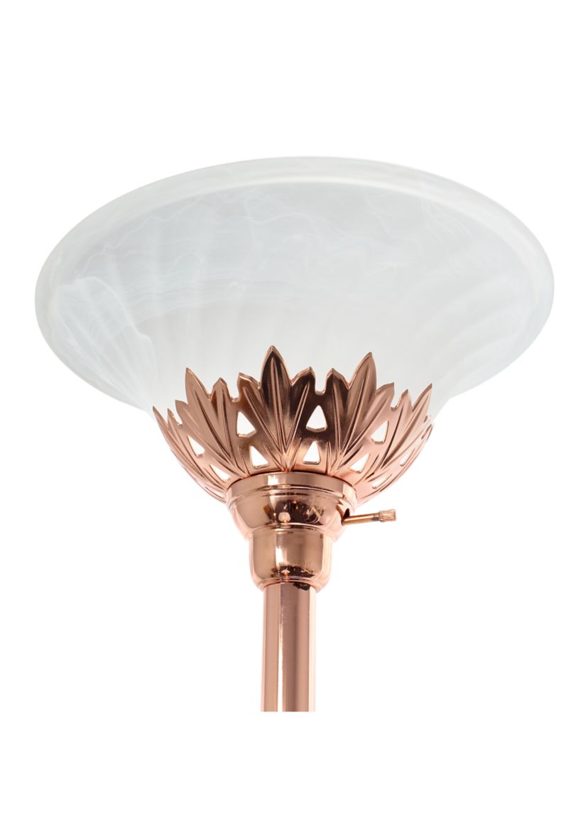 Torchiere Floor Lamp with 2 Reading Lights and Scalloped Glass Shades, Rose Gold