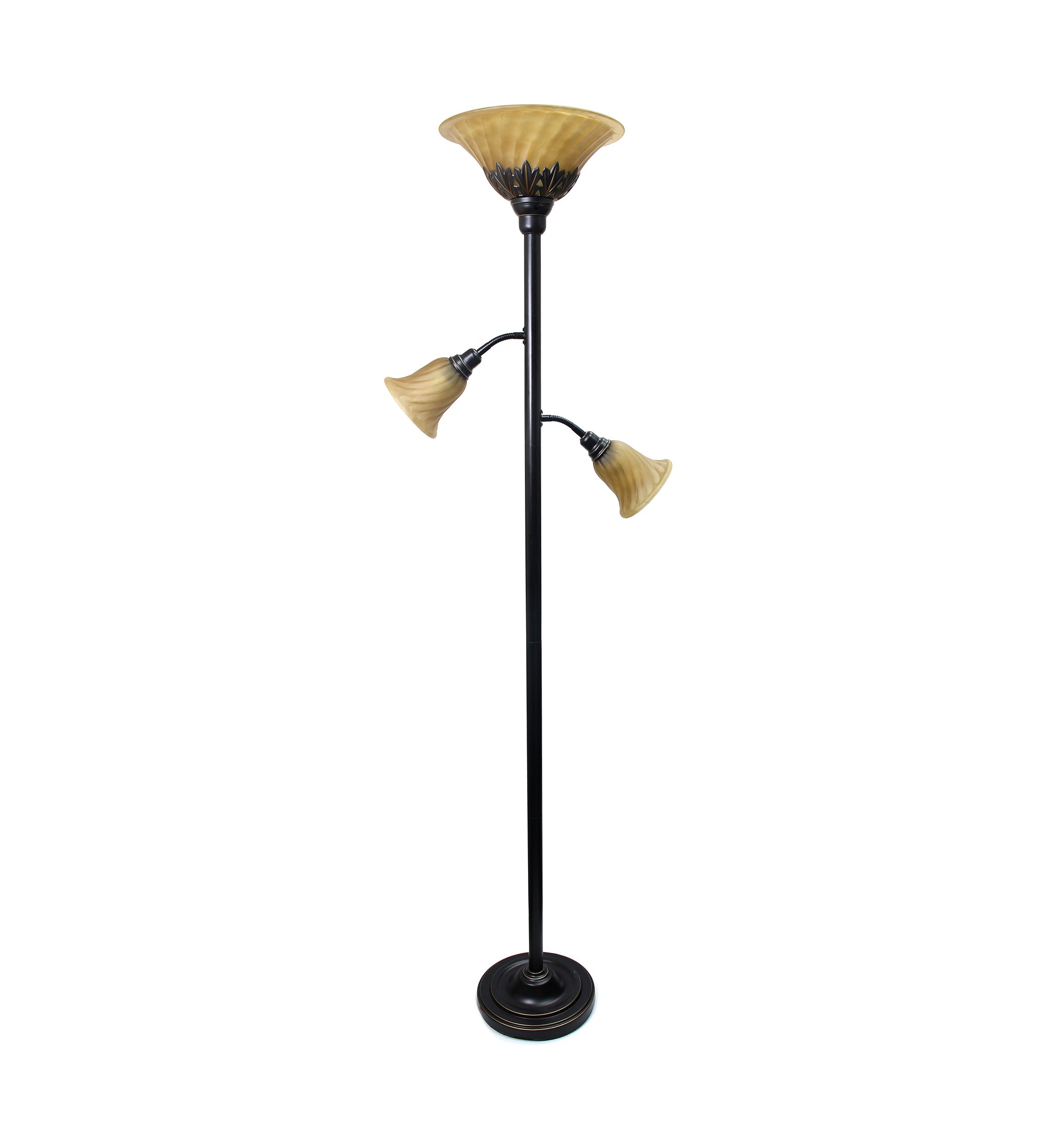 Torchiere Floor Lamp with 2 Reading Lights and Scalloped Glass Shades, Restoration Bronze
