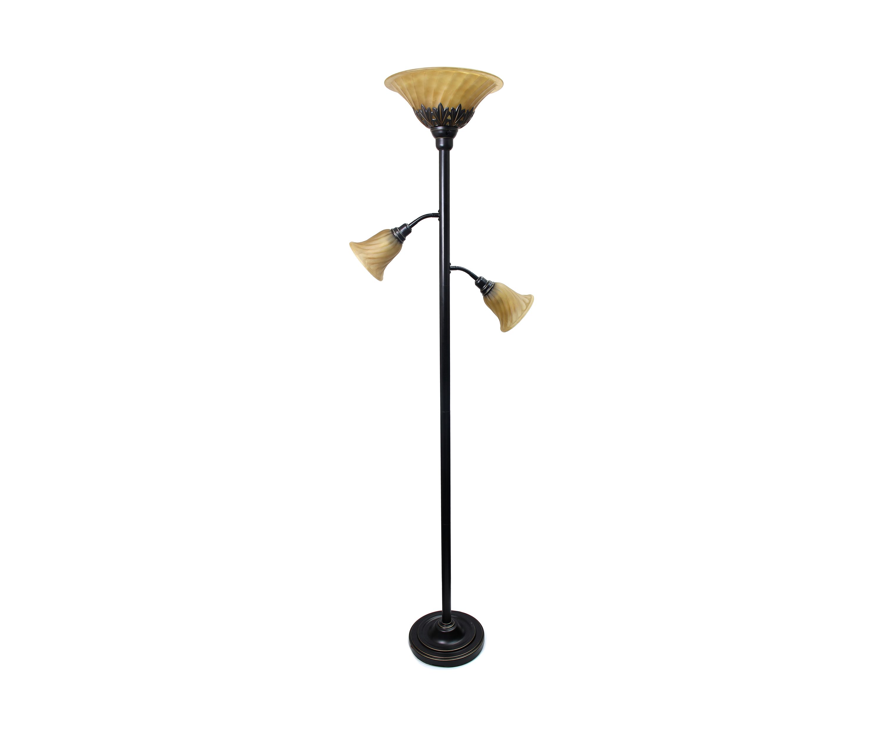 Torchiere Floor Lamp with 2 Reading Lights and Scalloped Glass Shades, Restoration Bronze
