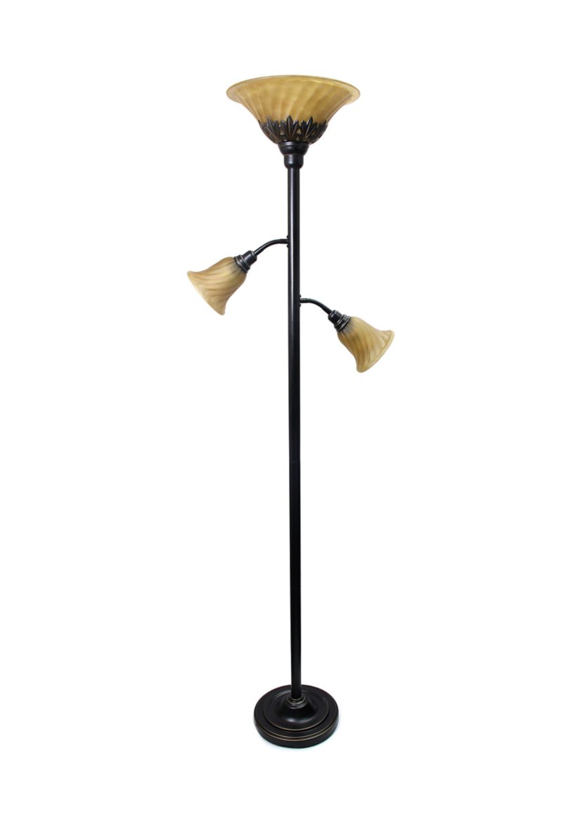 Torchiere Floor Lamp with 2 Reading Lights and Scalloped Glass Shades, Restoration Bronze