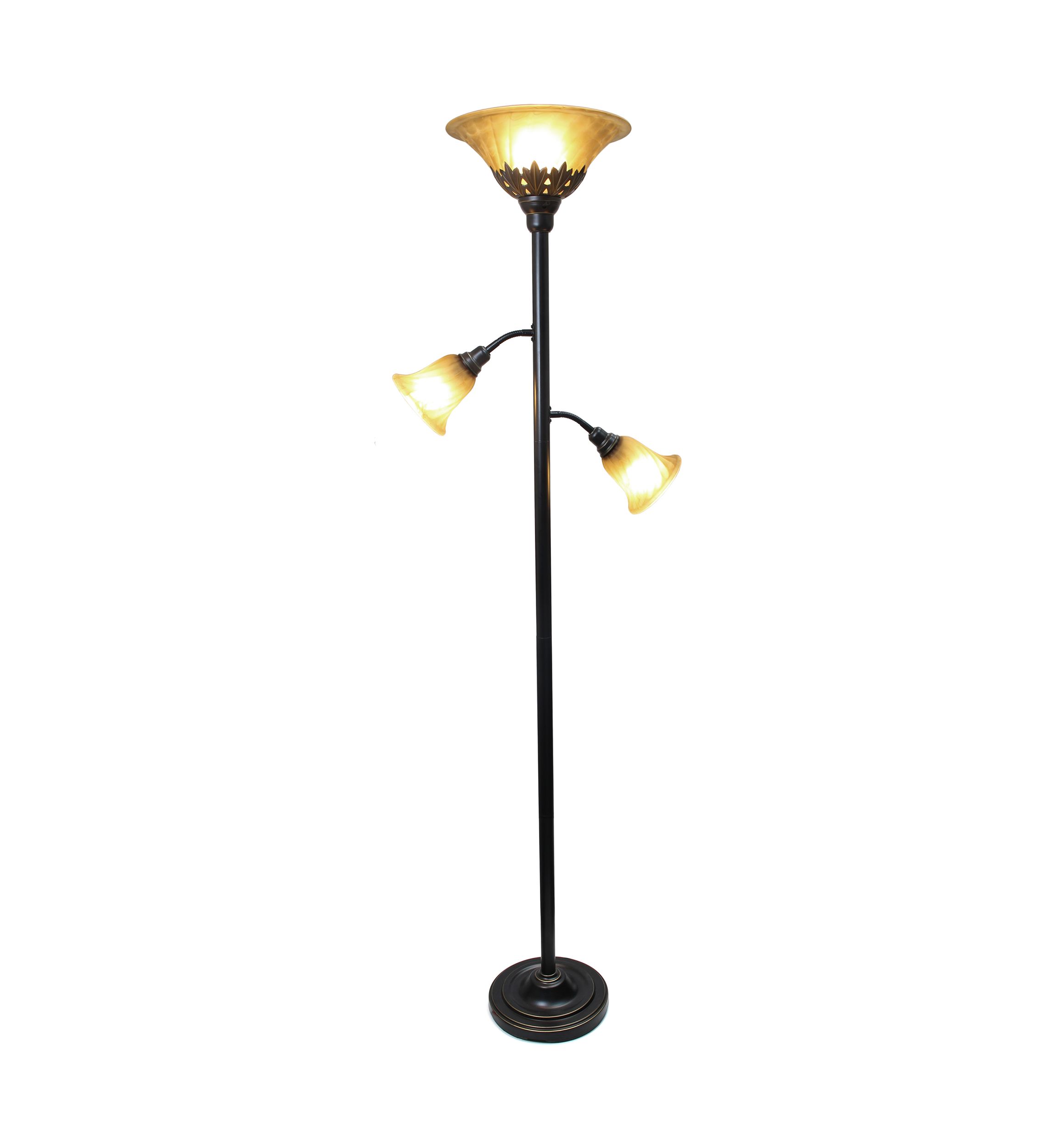 Torchiere Floor Lamp with 2 Reading Lights and Scalloped Glass Shades, Restoration Bronze