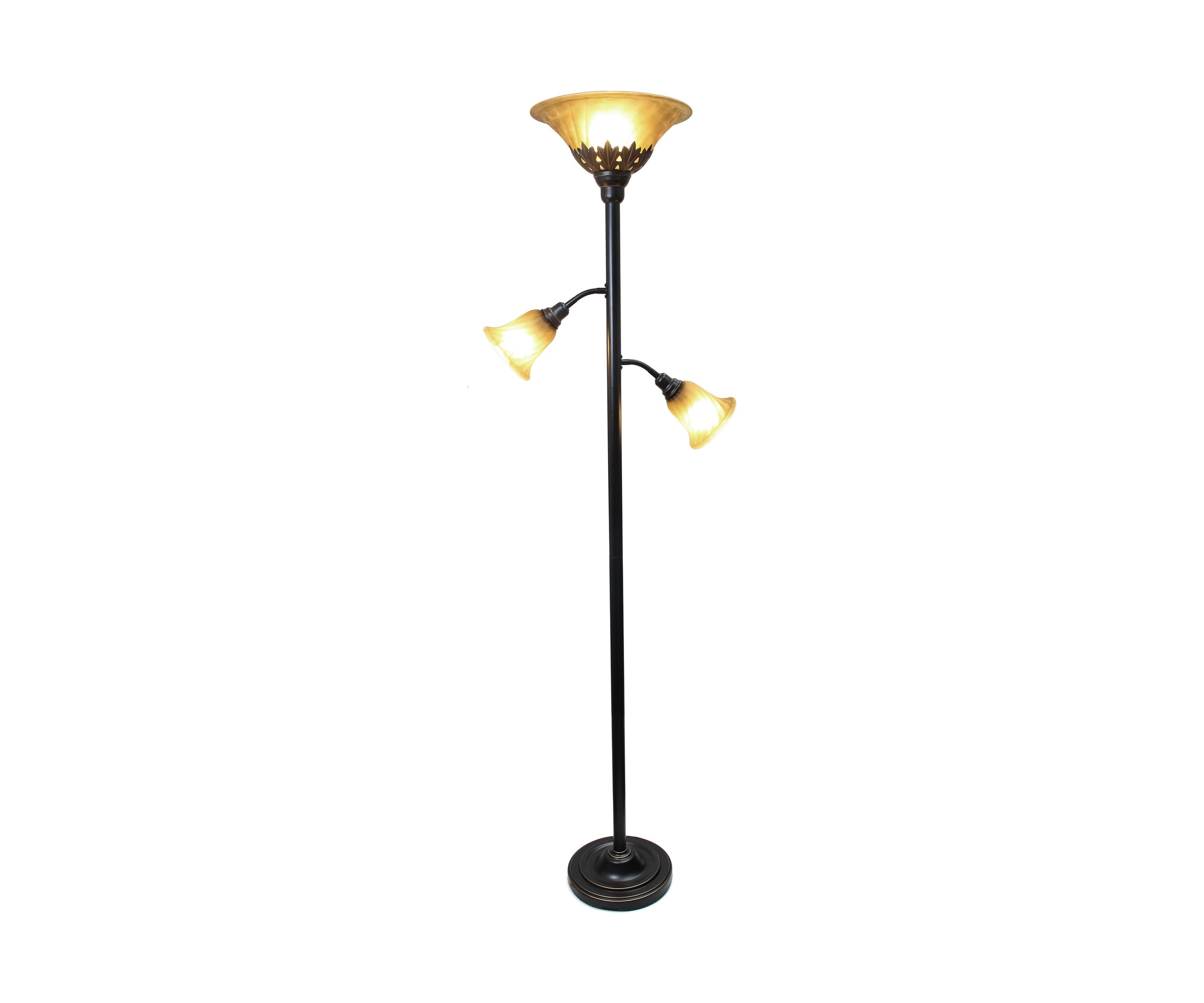 Torchiere Floor Lamp with 2 Reading Lights and Scalloped Glass Shades, Restoration Bronze