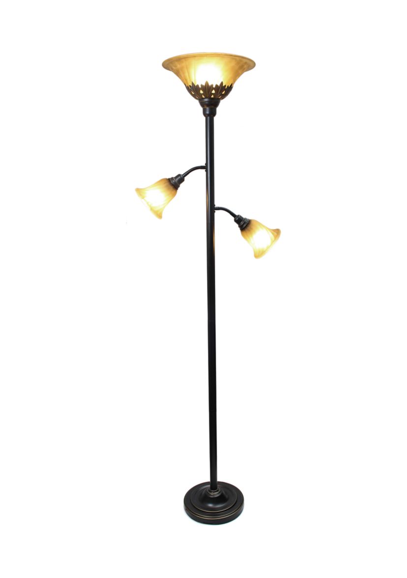 Torchiere Floor Lamp with 2 Reading Lights and Scalloped Glass Shades, Restoration Bronze