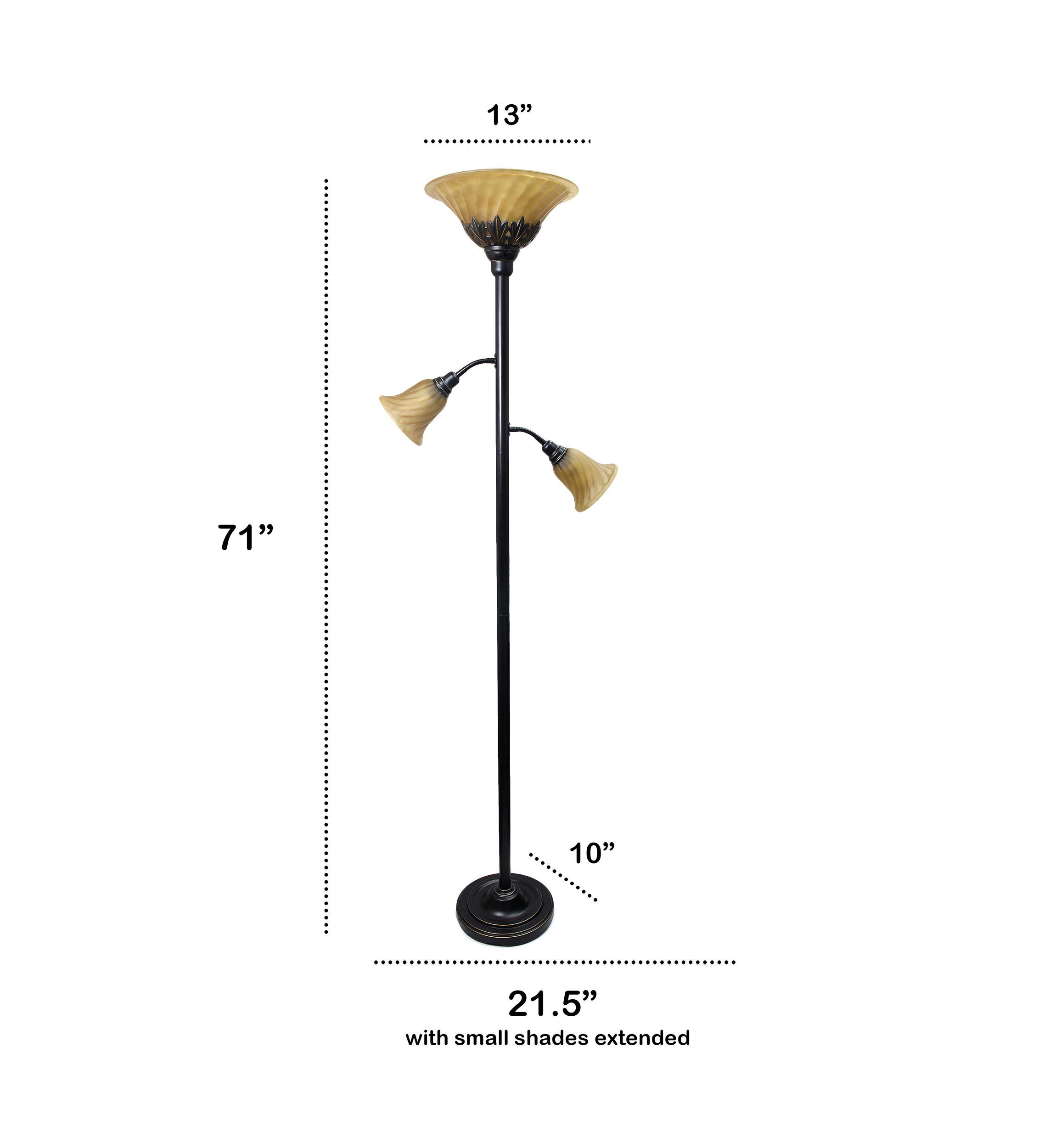 Torchiere Floor Lamp with 2 Reading Lights and Scalloped Glass Shades, Restoration Bronze