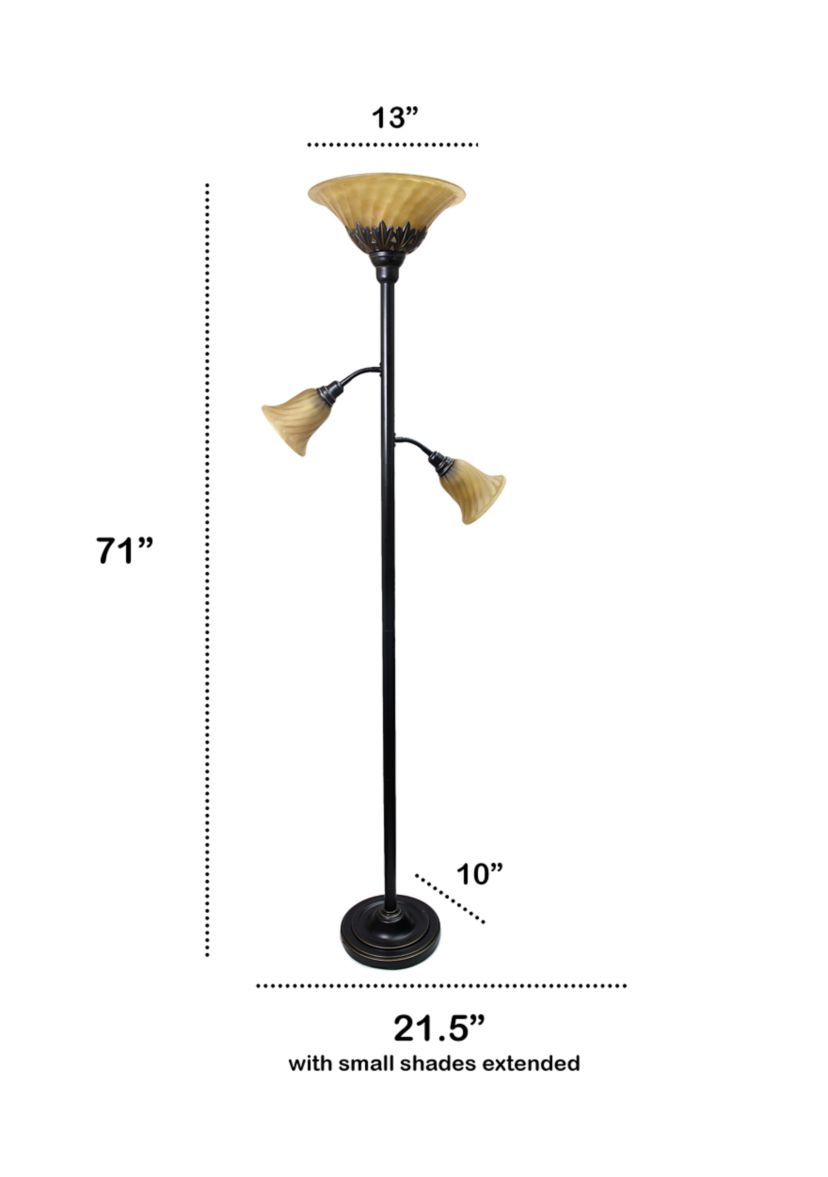 Torchiere Floor Lamp with 2 Reading Lights and Scalloped Glass Shades, Restoration Bronze