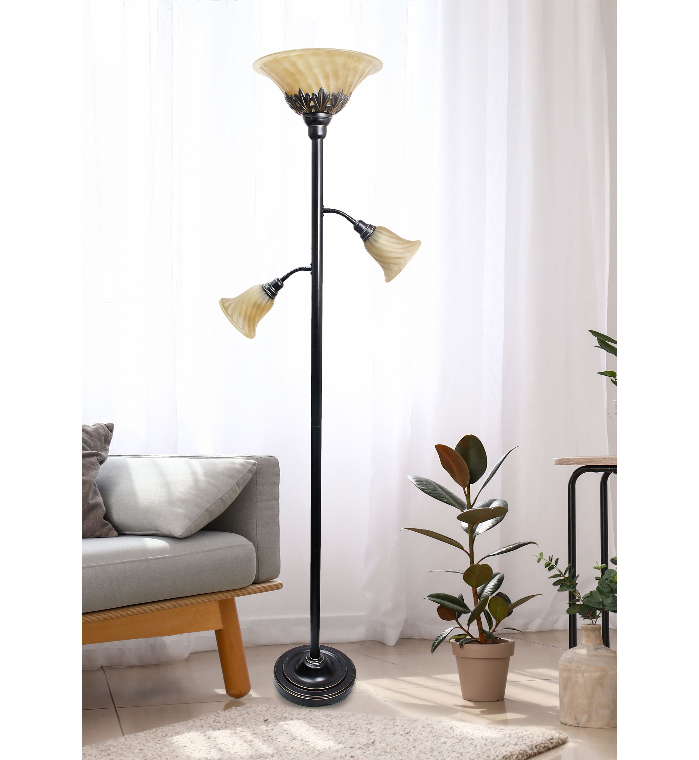 Torchiere Floor Lamp with 2 Reading Lights and Scalloped Glass Shades, Restoration Bronze