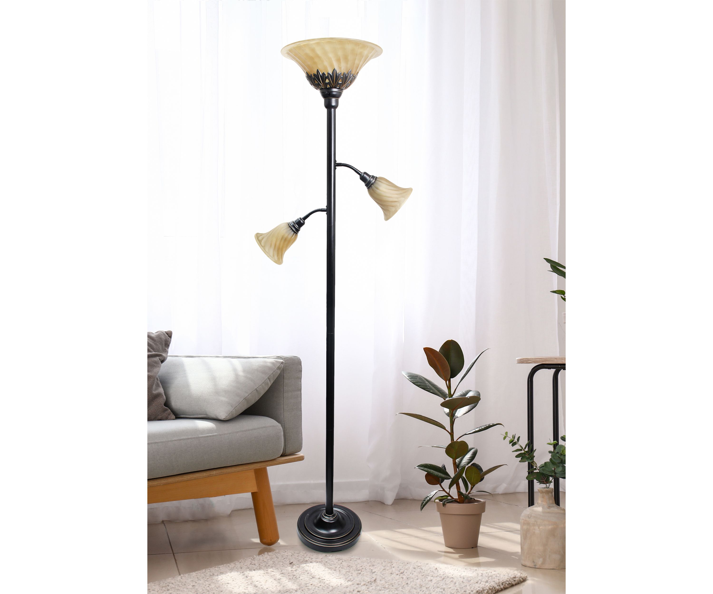 Torchiere Floor Lamp with 2 Reading Lights and Scalloped Glass Shades, Restoration Bronze