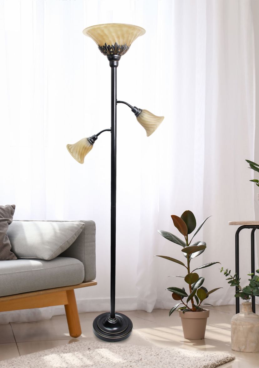Torchiere Floor Lamp with 2 Reading Lights and Scalloped Glass Shades, Restoration Bronze