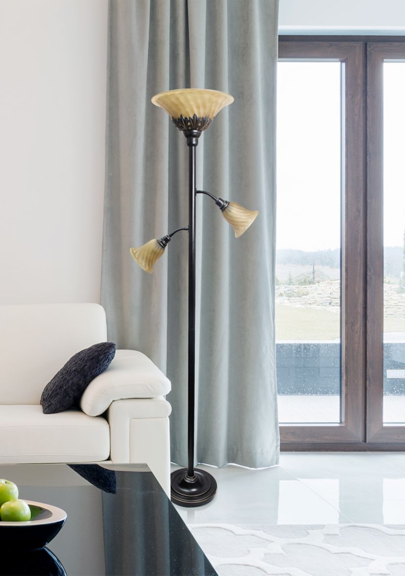 Torchiere Floor Lamp with 2 Reading Lights and Scalloped Glass Shades, Restoration Bronze