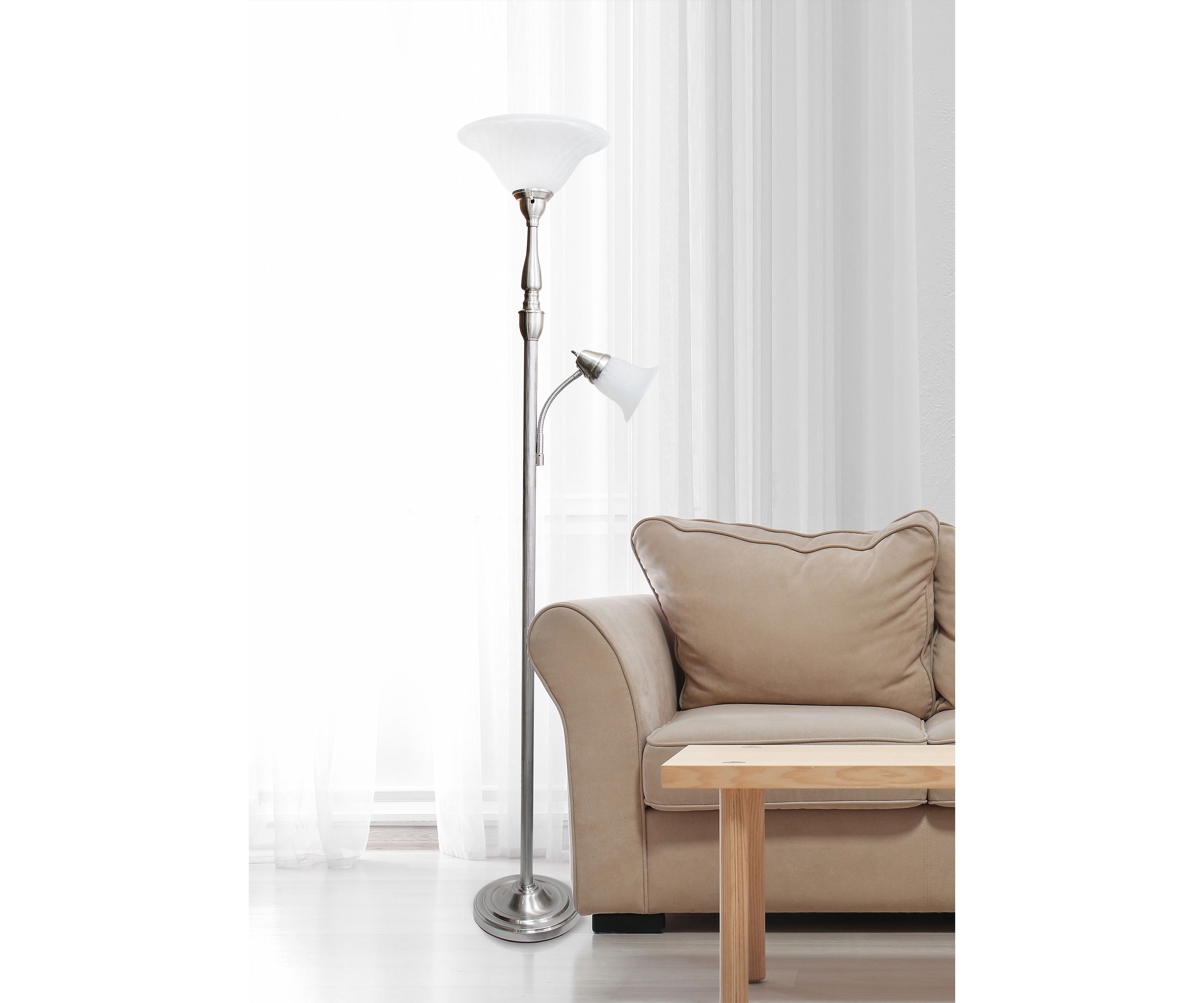  Torchiere Floor Lamp with Reading Light and Marble Glass Shades 