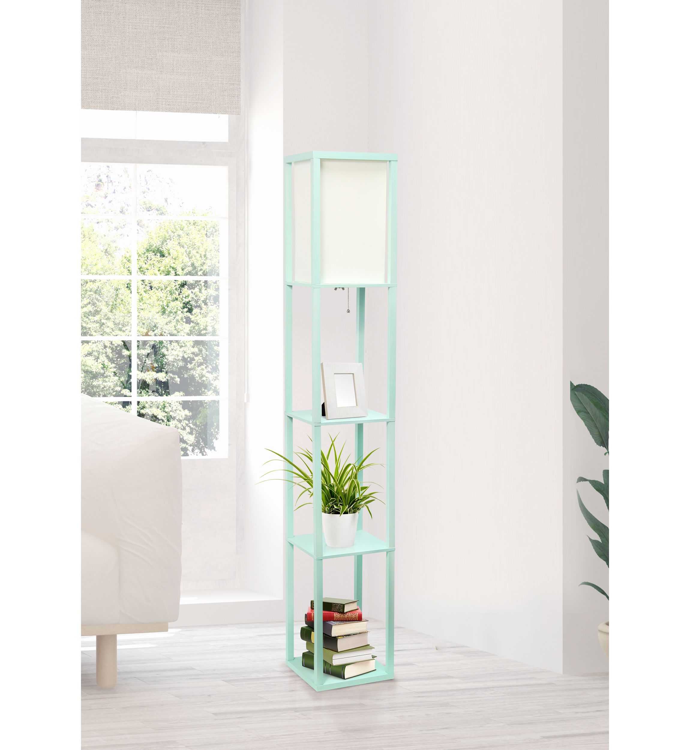 Column Shelf Floor Lamp with Linen Shade, Aqua