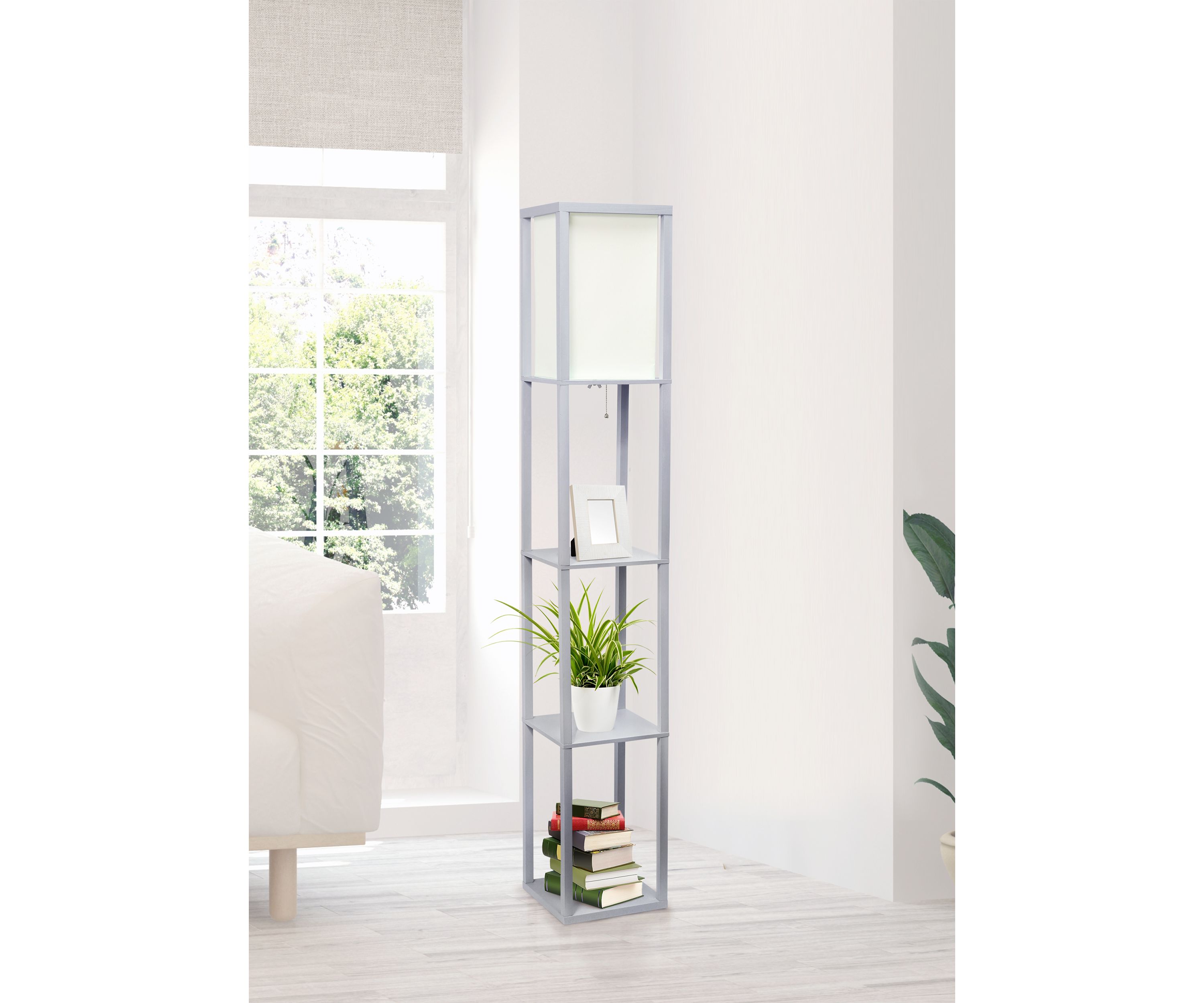 Column Shelf Floor Lamp with Linen Shade, Gray