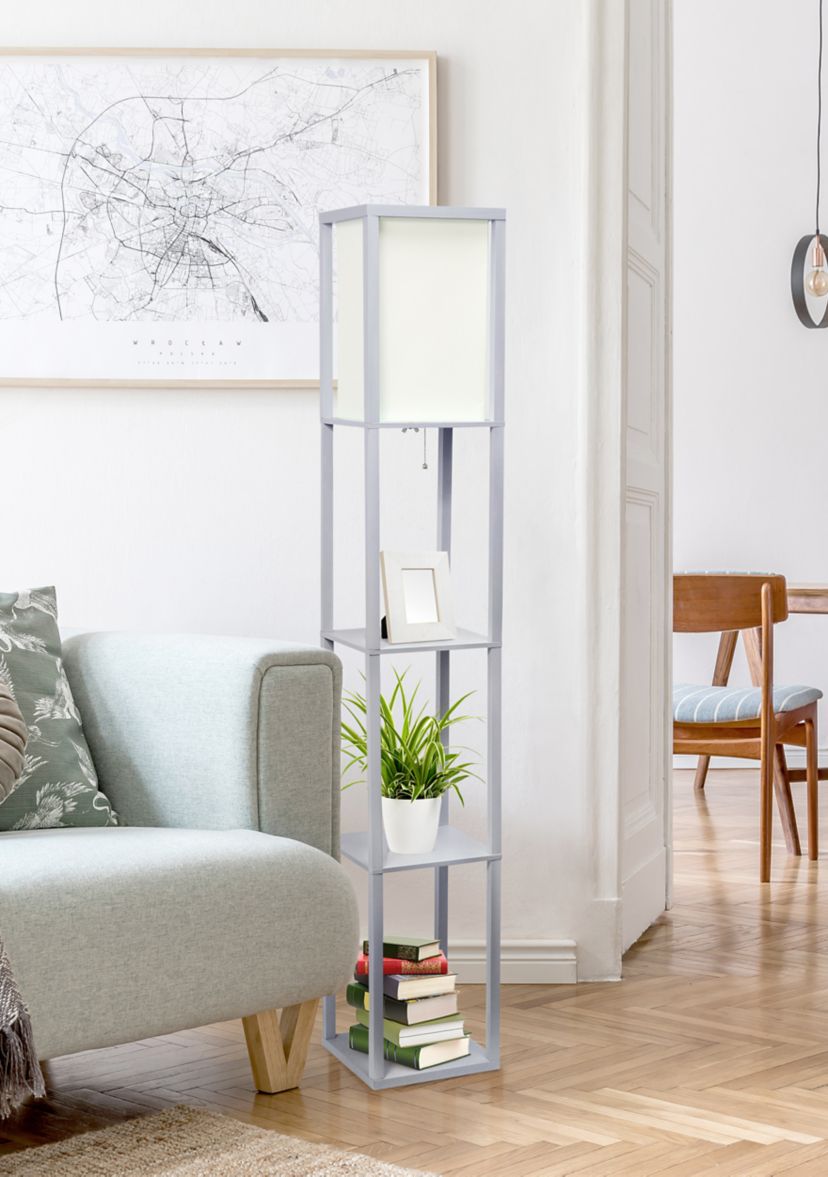 Column Shelf Floor Lamp with Linen Shade, Gray