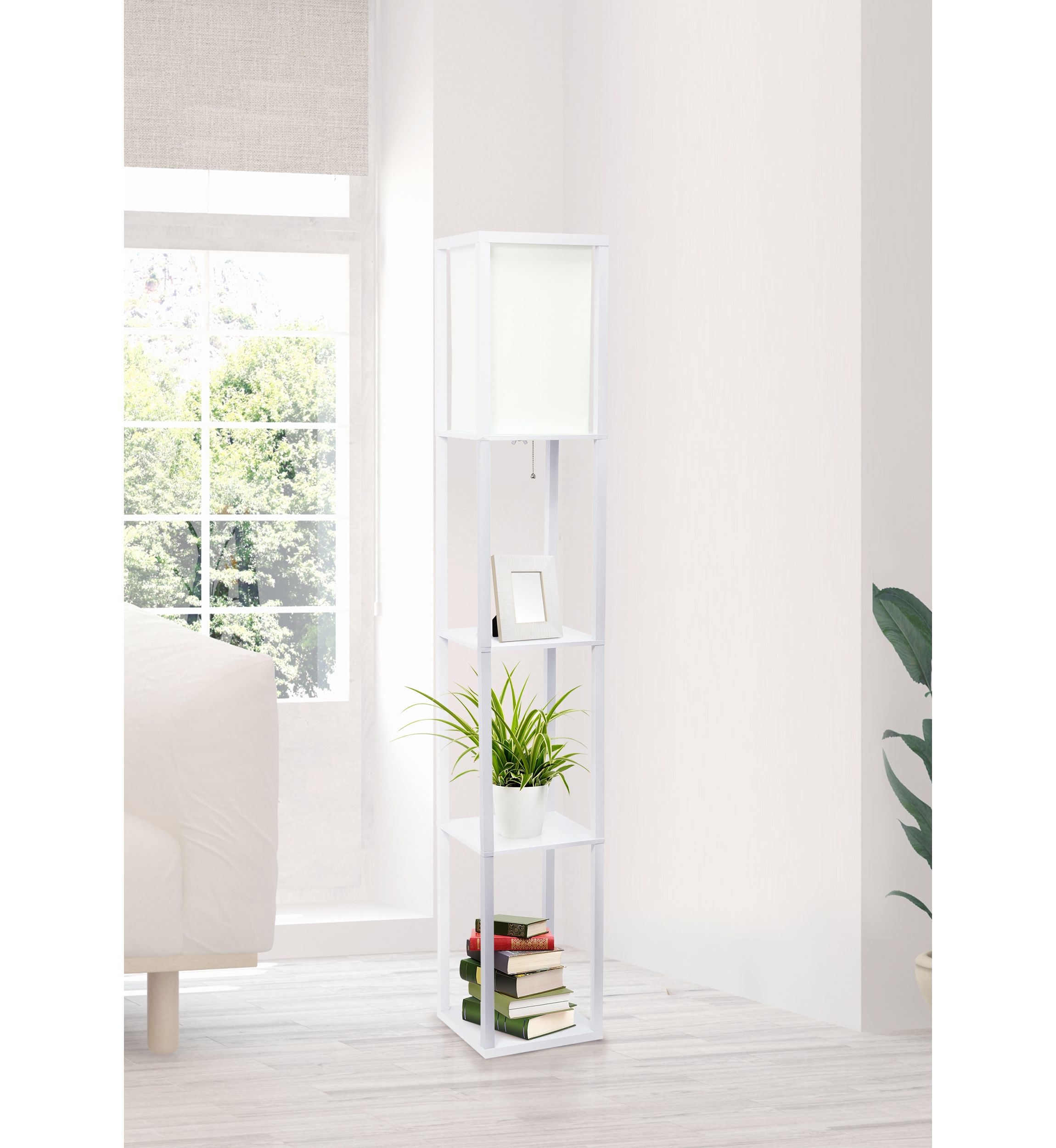 Column Shelf Floor Lamp with Linen Shade, White