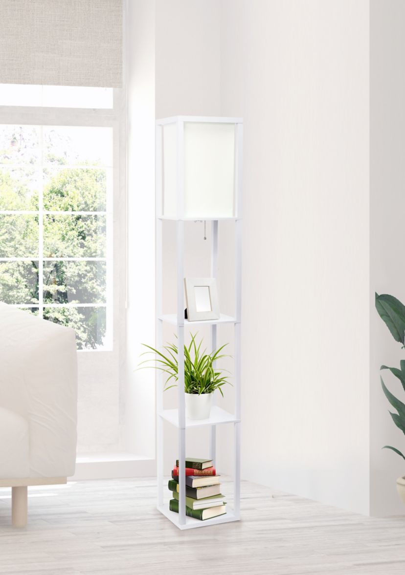 Column Shelf Floor Lamp with Linen Shade, White