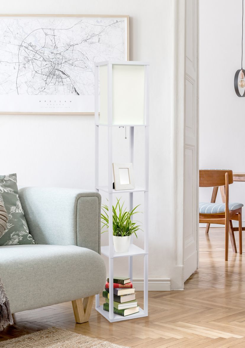 Column Shelf Floor Lamp with Linen Shade, White