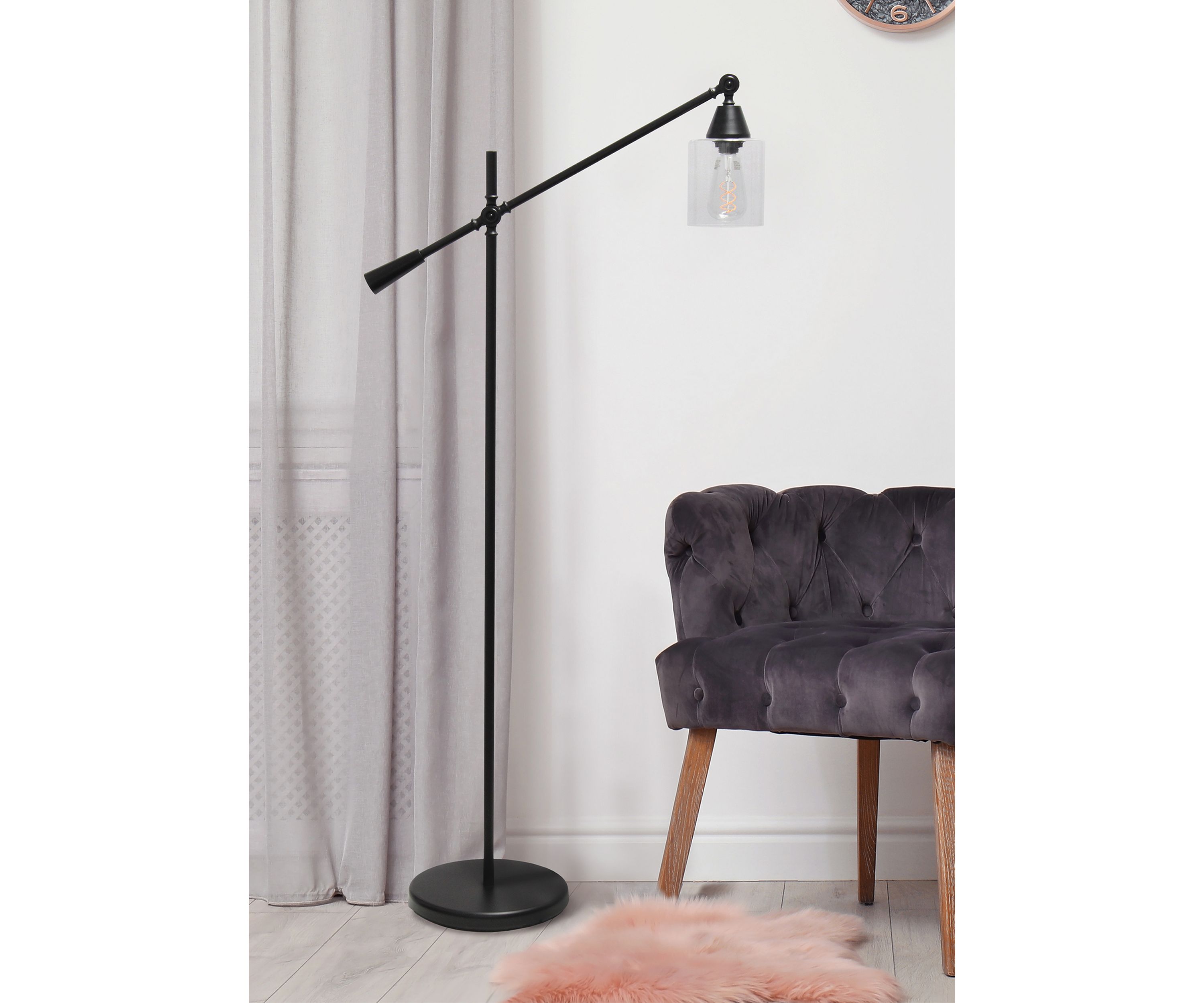 Swing Arm Floor Lamp with Clear Glass Cylindrical Shade