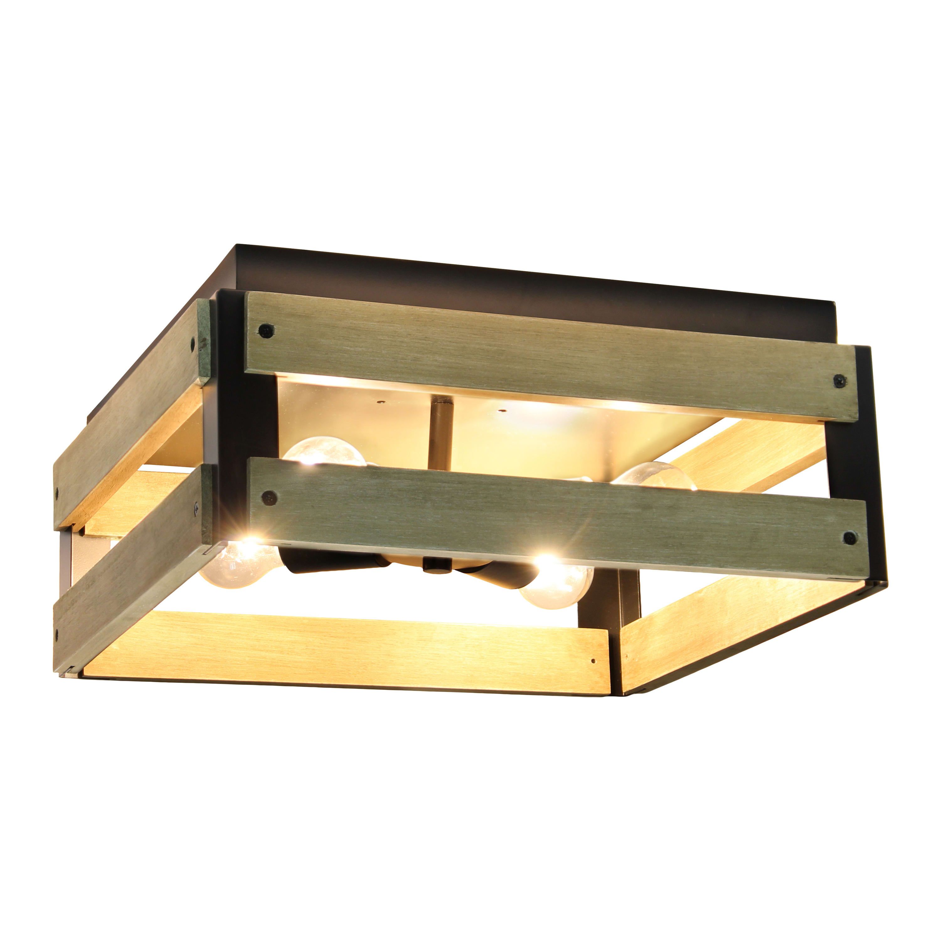 14" Barnlit Four Light Decorative Squared Metal and Natural Wood Flush Mount Ceiling Light