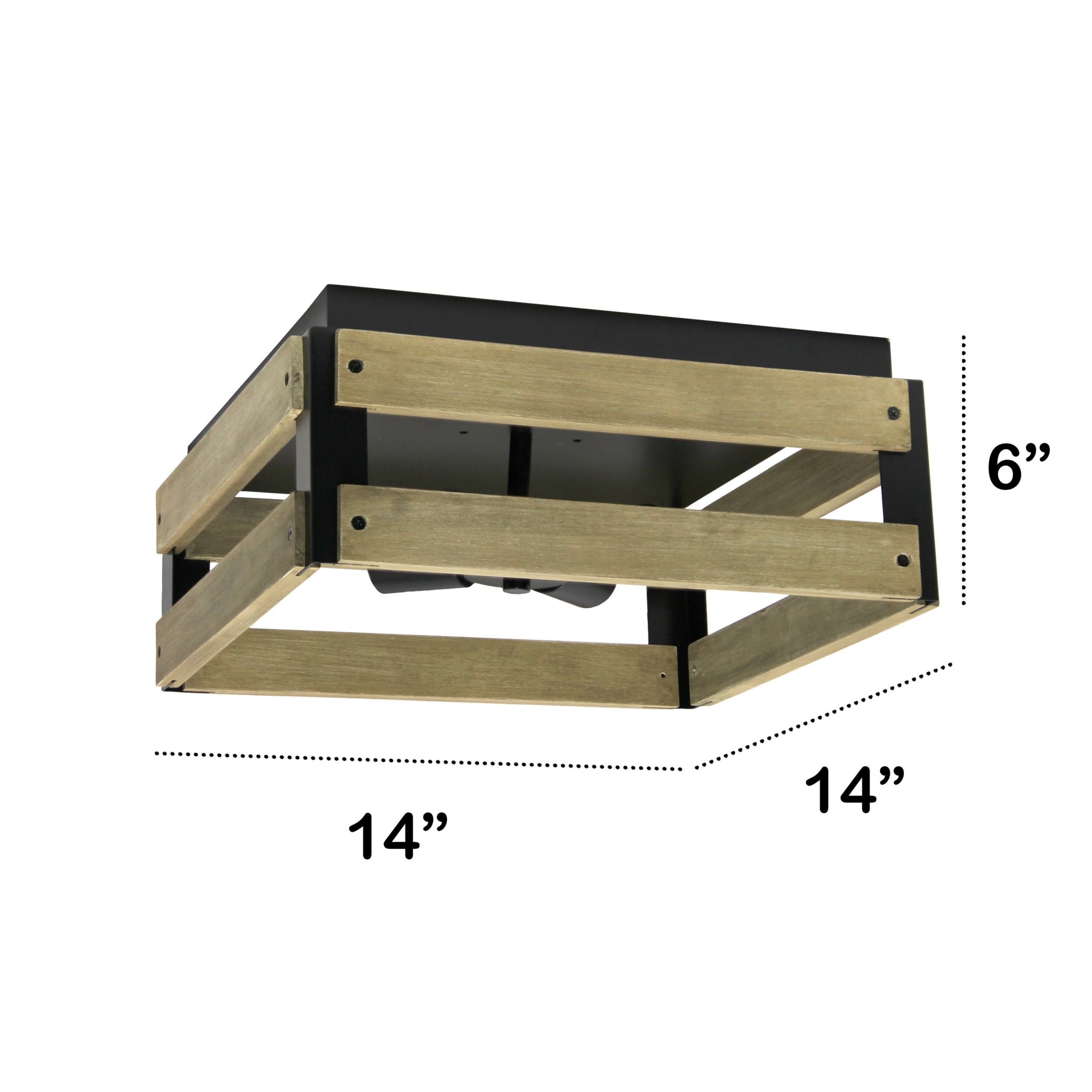 14" Barnlit Four Light Decorative Squared Metal and Natural Wood Flush Mount Ceiling Light