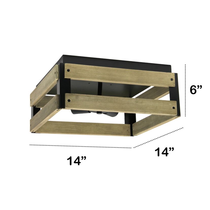 14" Barnlit Four Light Decorative Squared Metal and Natural Wood Flush Mount Ceiling Light