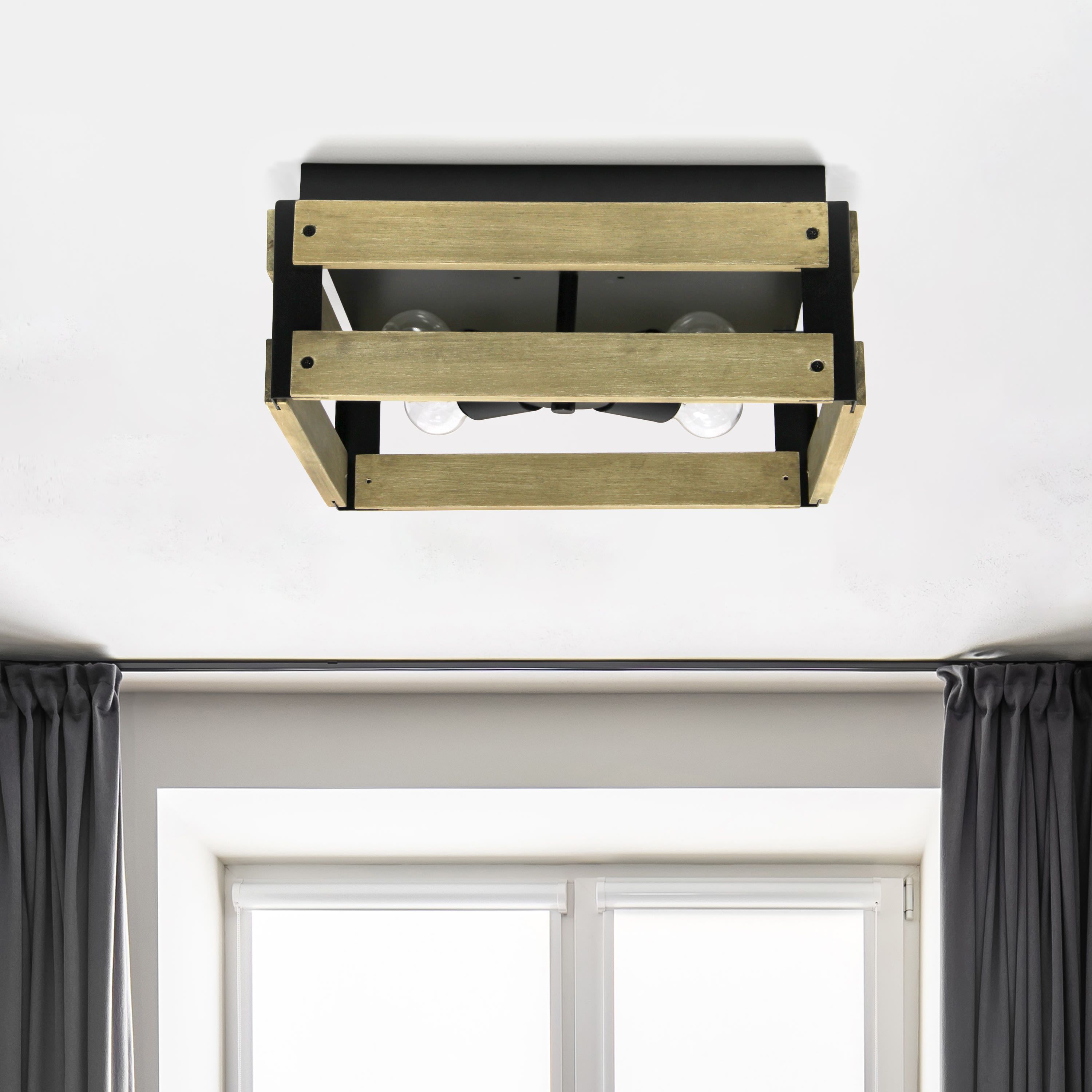 14" Barnlit Four Light Decorative Squared Metal and Natural Wood Flush Mount Ceiling Light