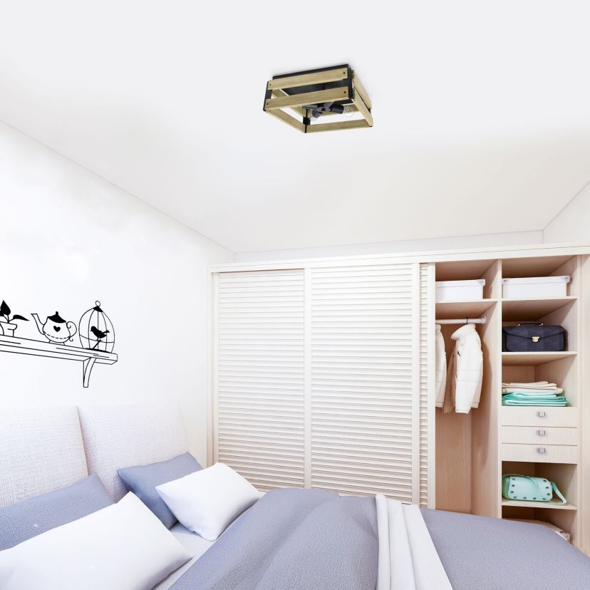 14" Barnlit Four Light Decorative Squared Metal and Natural Wood Flush Mount Ceiling Light