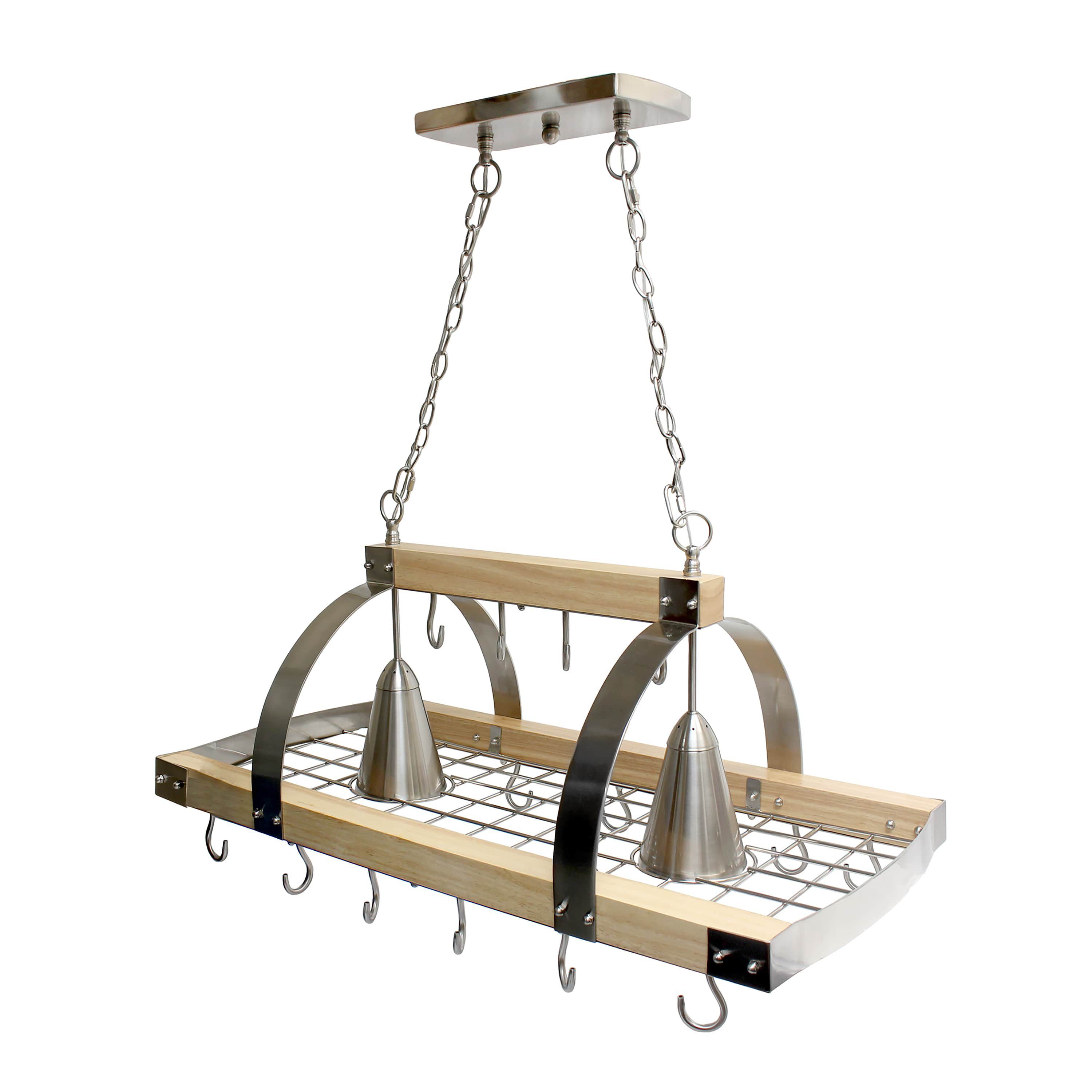 36.25" Modern Industrial Hanging Pot Rack with Natural Wood Frame and Brushed Nickel Accents, for Kitchen, Kitchen Island