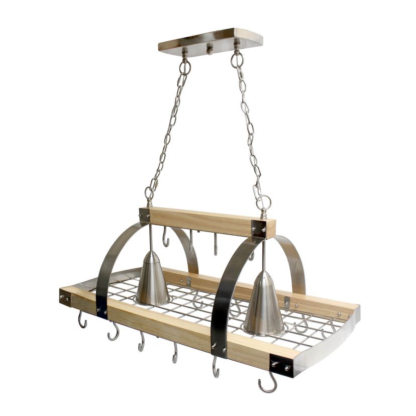 36.25" Modern Industrial Hanging Pot Rack with Natural Wood Frame and Brushed Nickel Accents, for Kitchen, Kitchen Island