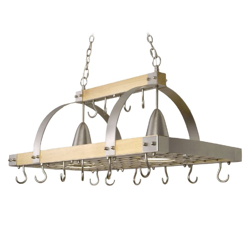 36.25" Modern Industrial Hanging Pot Rack with Natural Wood Frame and Brushed Nickel Accents, for Kitchen, Kitchen Island
