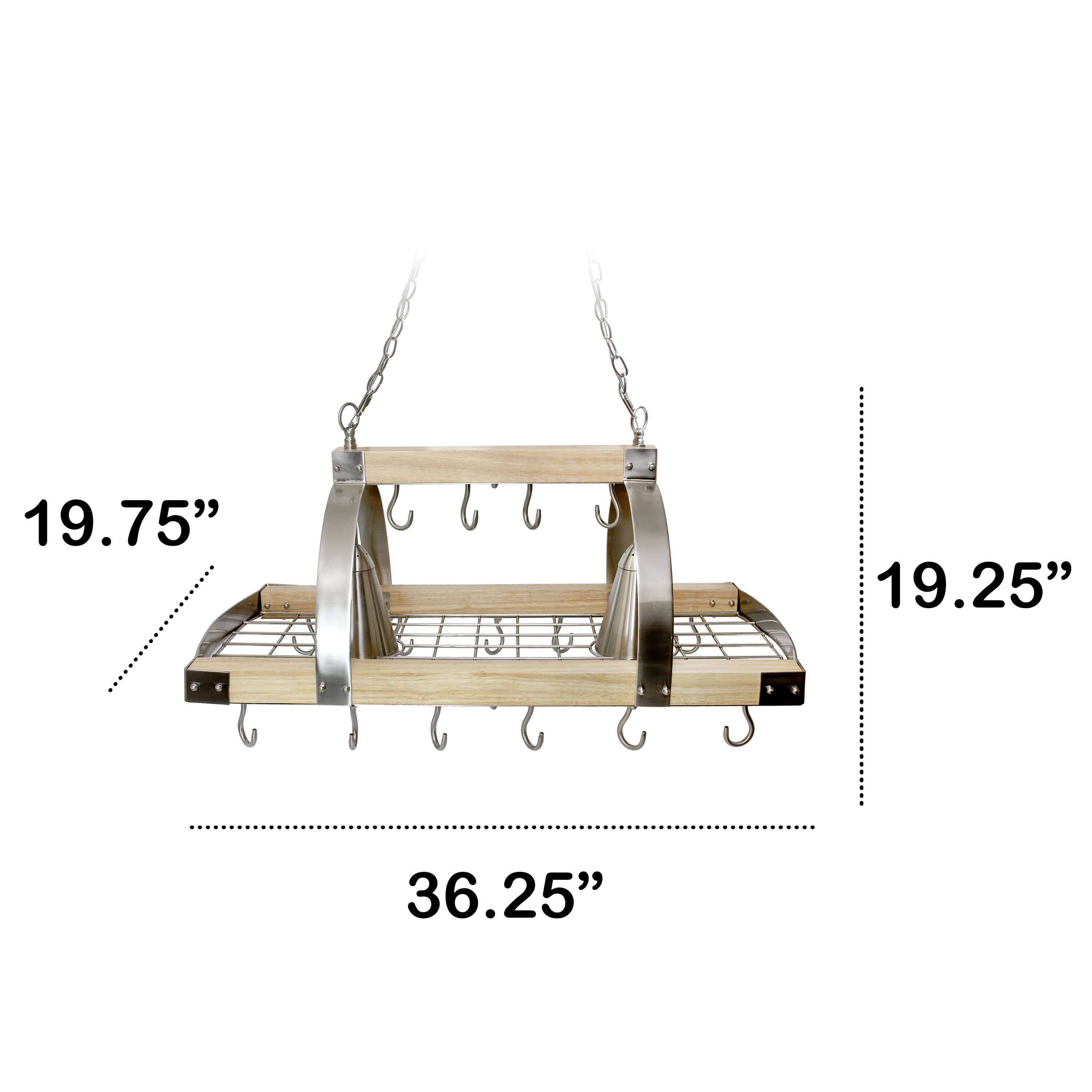 36.25" Modern Industrial Hanging Pot Rack with Natural Wood Frame and Brushed Nickel Accents, for Kitchen, Kitchen Island